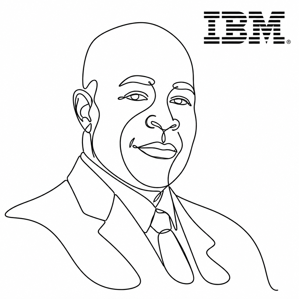 Continuous line sketch of man in a suit with "IMB" written in the corner 