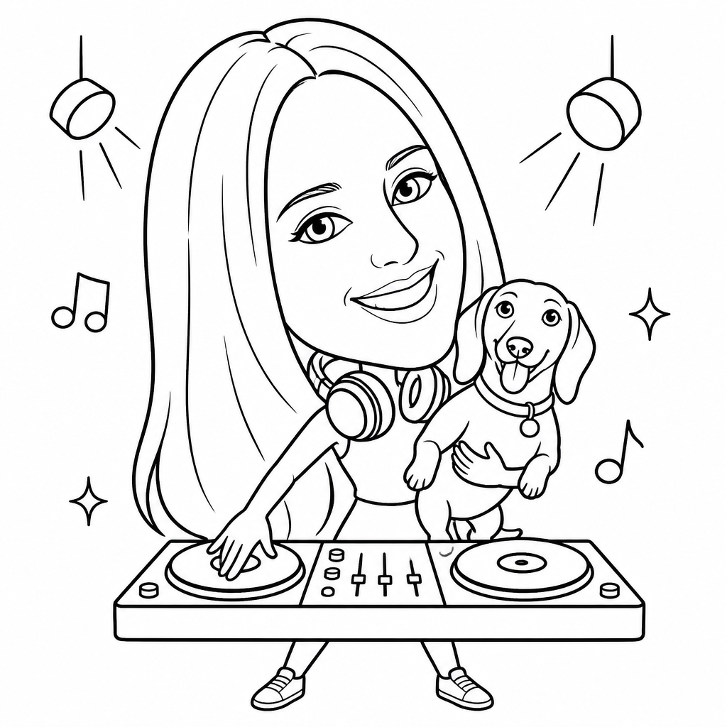 Sketchbot drawing of a girl dj holding her dog (SketchBot drawing)