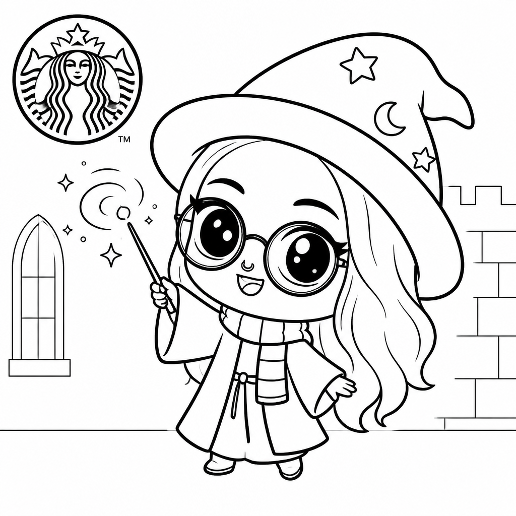 Sketch of a girl as a wizard with the Starbucks logo in the corner (Chibi style)