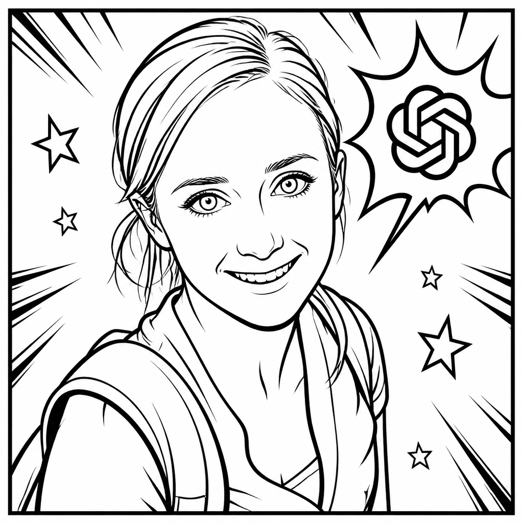 Robotic sketch of a young woman with the ChatGPT logo next to her