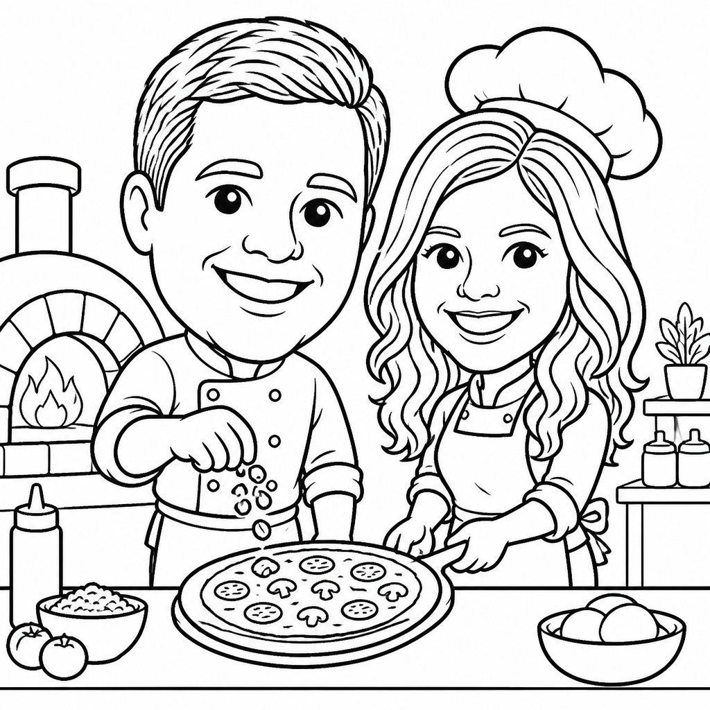 Drawing of two people making a pizza