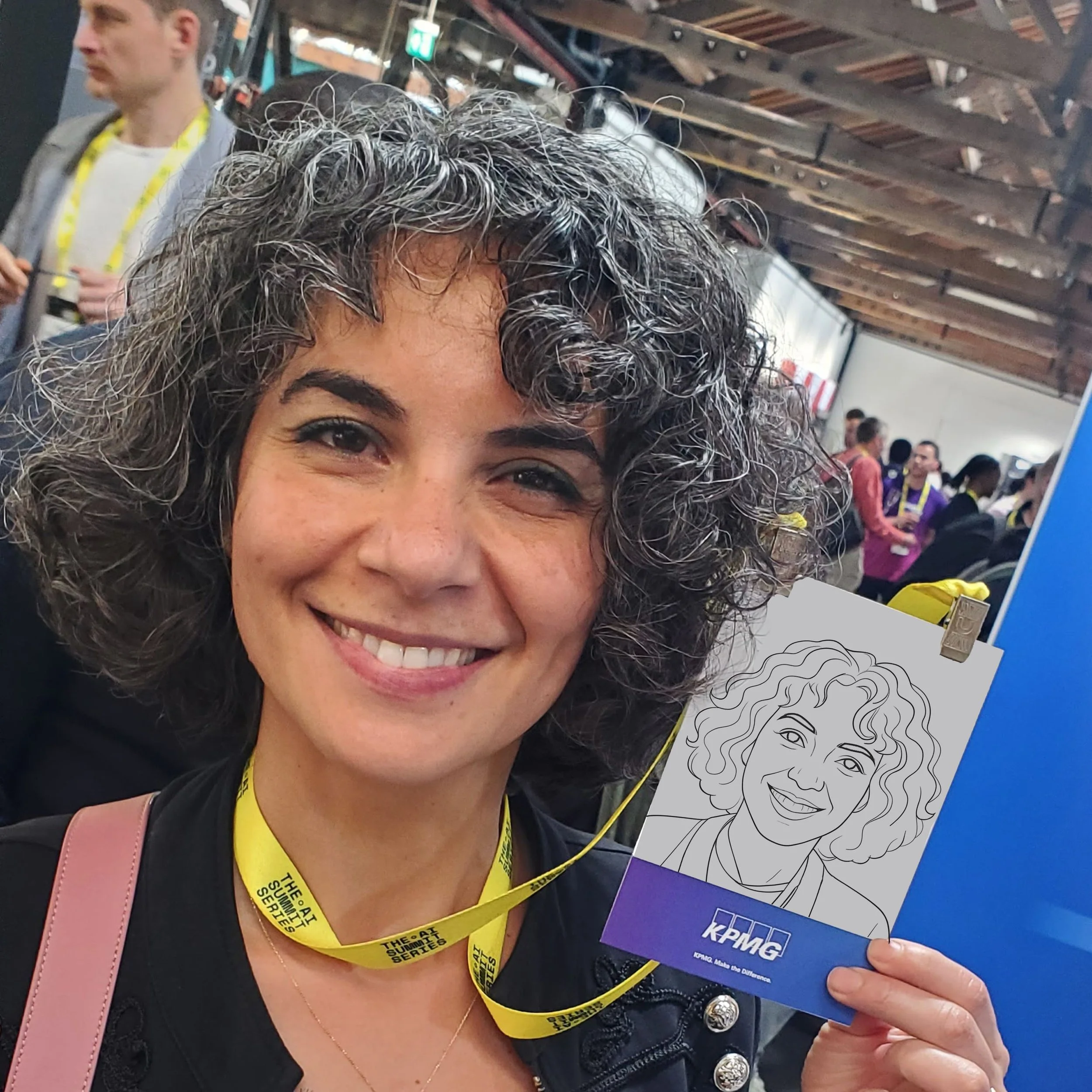 Woman holding up her sketched portrait by SketchBot