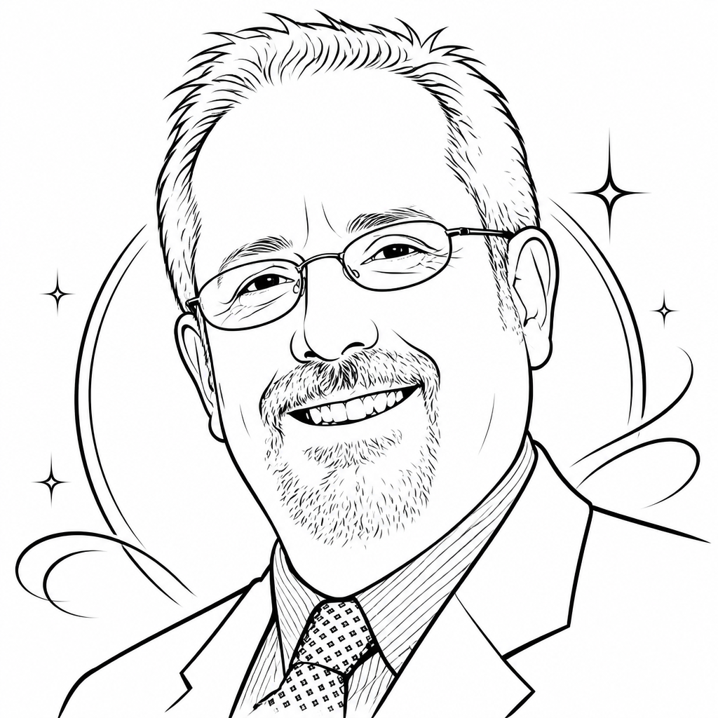 Robotic sketch of a man in a suit and glasses
