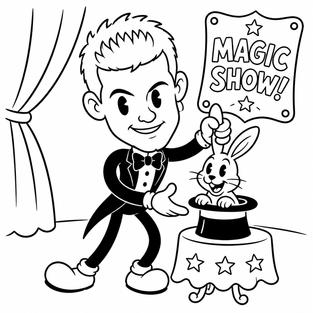 Cartoon drawing of a man pulling a rabbit from a hat (retro sketch)