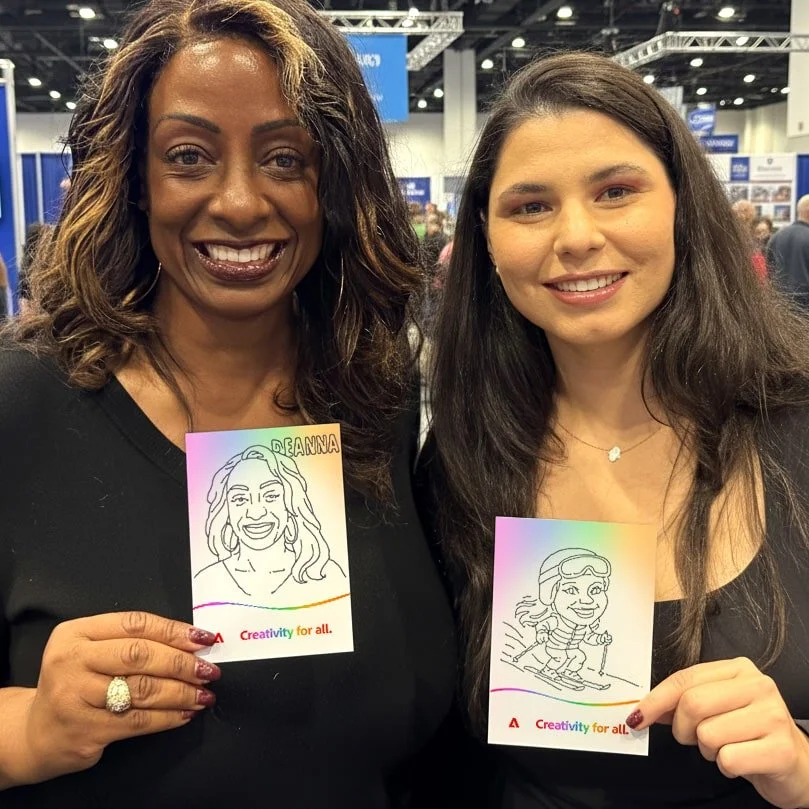 Guests holding up personalized, branded sketched portraits by SketchBot