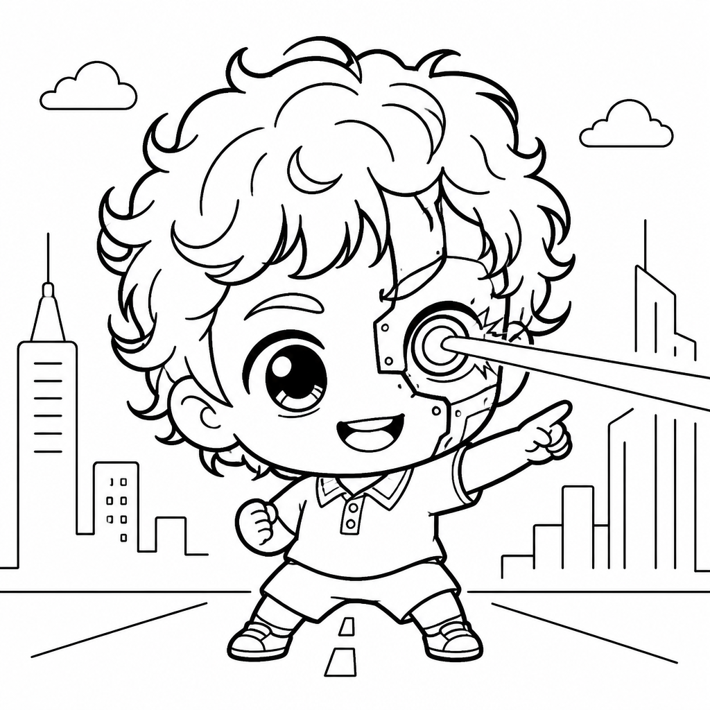 SketchBot chibi drawing of a cyborg boy shooting a laser from his eye