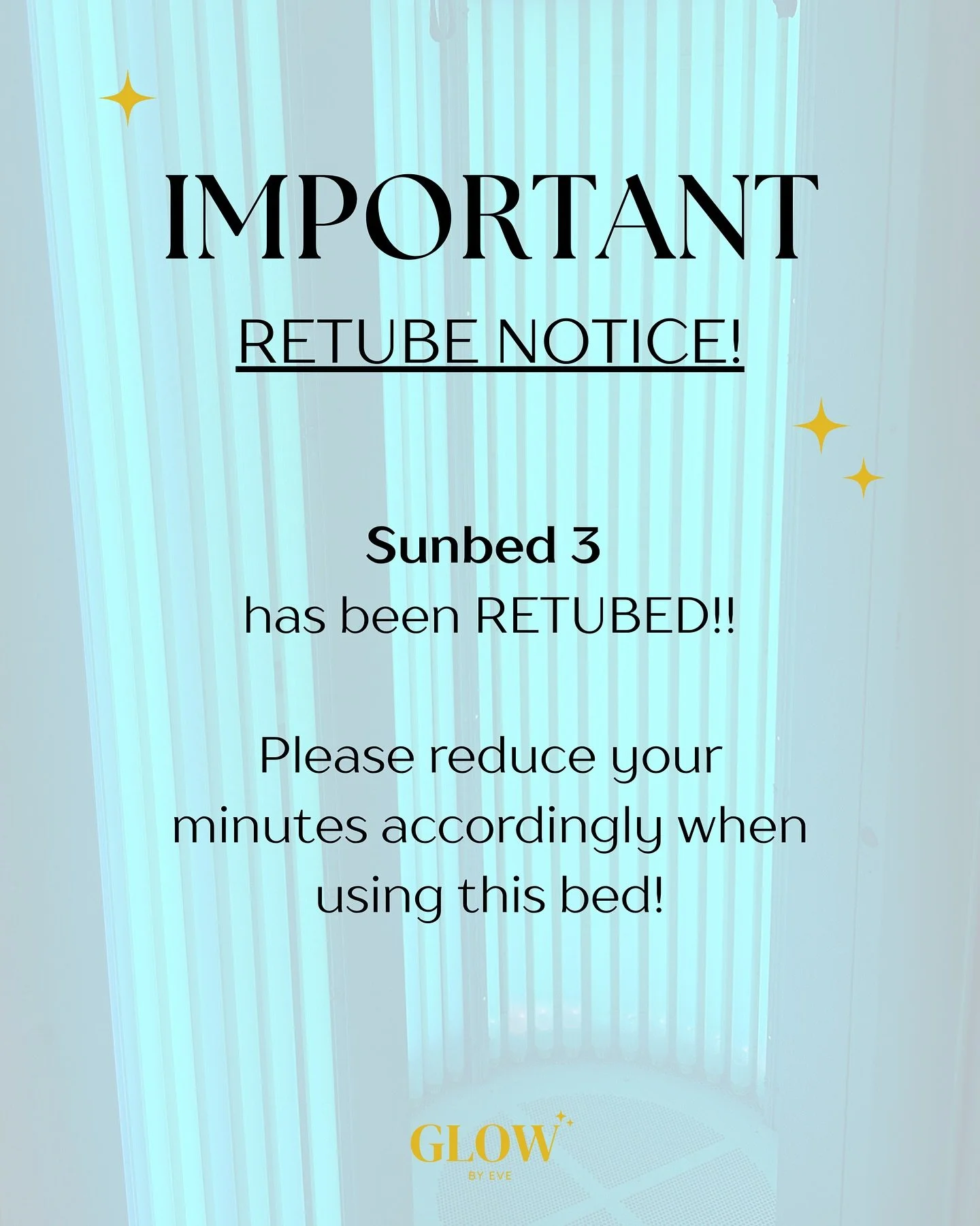 Bed 3 has now be retubed! Remember to reduce your minutes if using this bed ✨

Stay safe &amp; tan smart with these golden rules:

🧴Always use a cream! It helps hydrate your skin &amp; tans you faster
🕶️Winkies or goggles ON - protect those eyes 
?