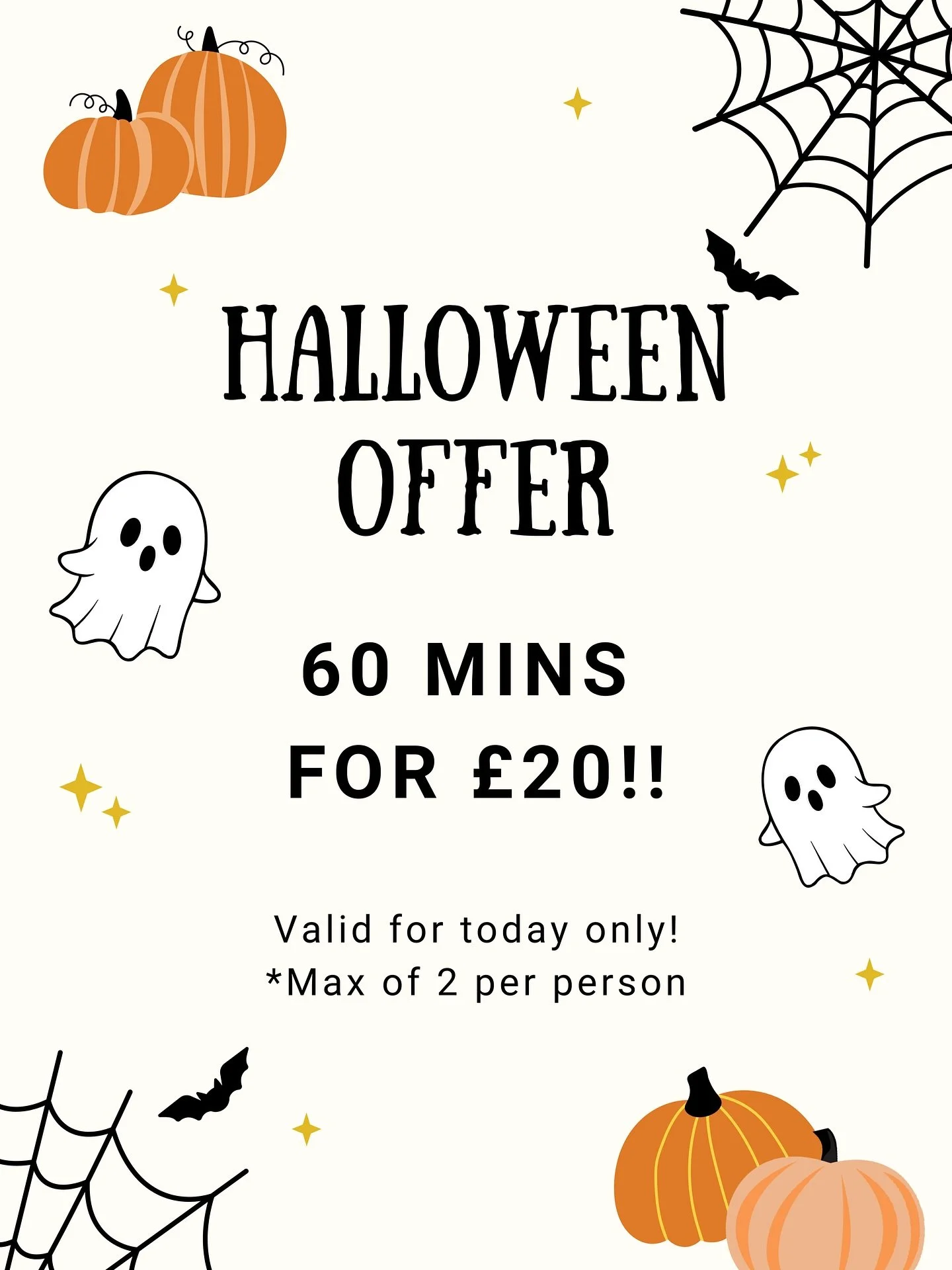 Halloween Offer 🎃✨
Get 60 mins for &pound;20!! For today only!

Buy in the salon or drop us a message for the bank details if you cant make it in 🤍

*Available Fri 31st only, max on 2 per person

#glowbyeve #halloween #sunbeds