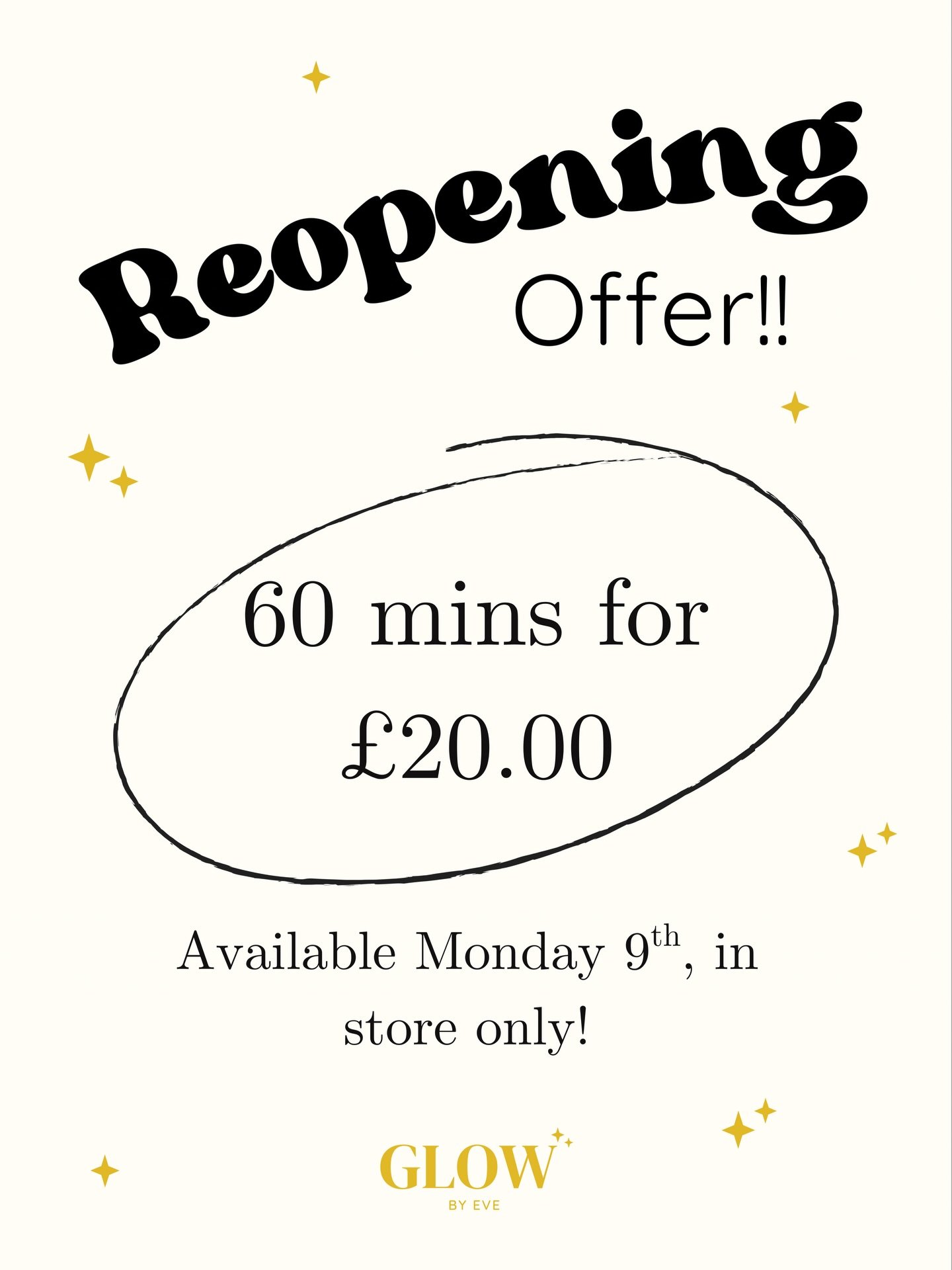 Reopening Offer!✨

Get 60 mins for &pound;20.00! 
Only available to purchase in-store, tomorrow only! 

See you all there! ✨