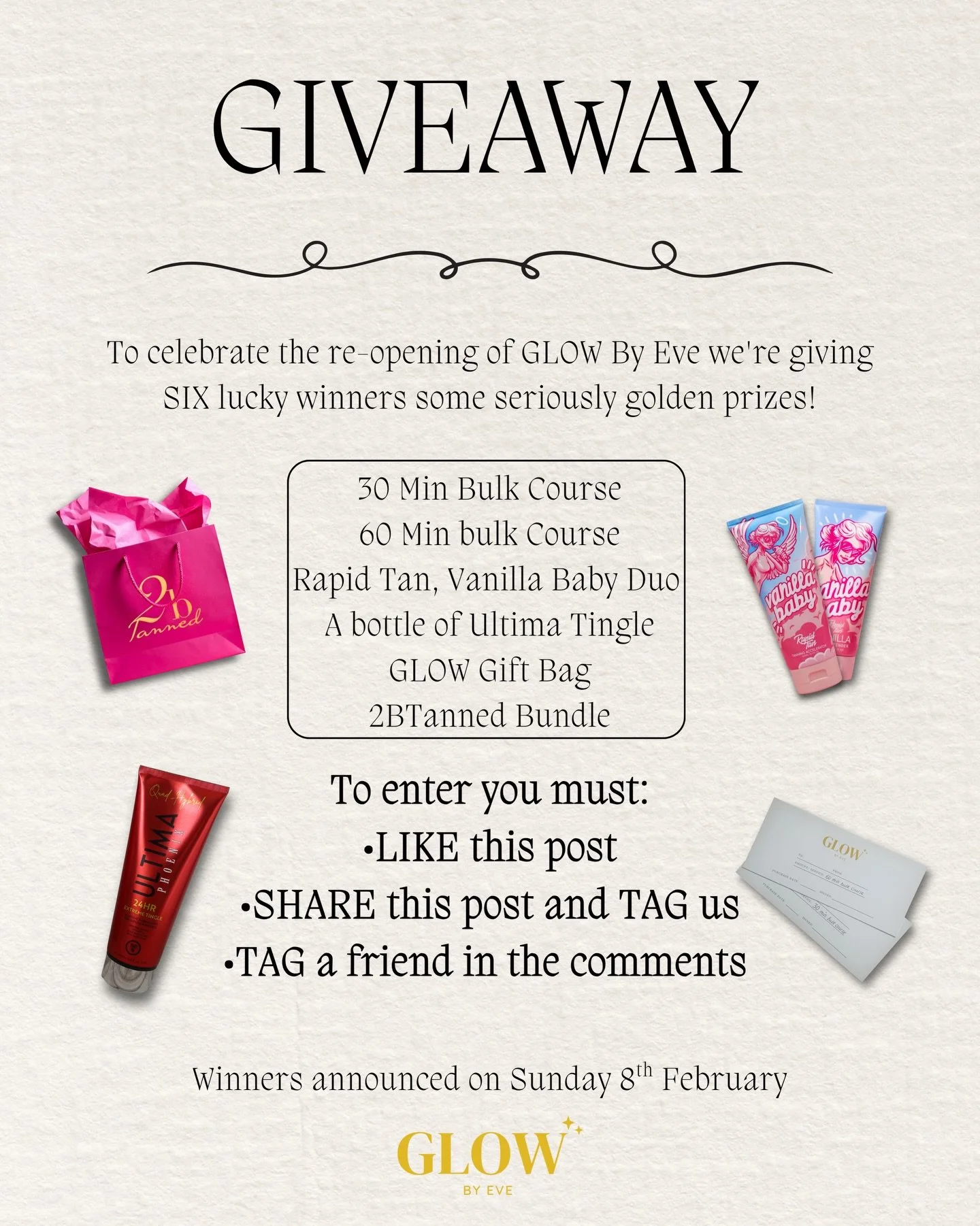 GIVEAWAY WINNERS ✨

- 30 Min Bulk Course = @sophie94_x (Instagram)

- 60 Min Bulk Course = Aleksandra Szetel (Facebook)

- Rapid Tan, Vanilla Baby Duo = Grace Fallon Mae (Facebook)

- A bottle of Ultima Tingle = @xamy_lloydx (Instagram)

- GLOW Gift 