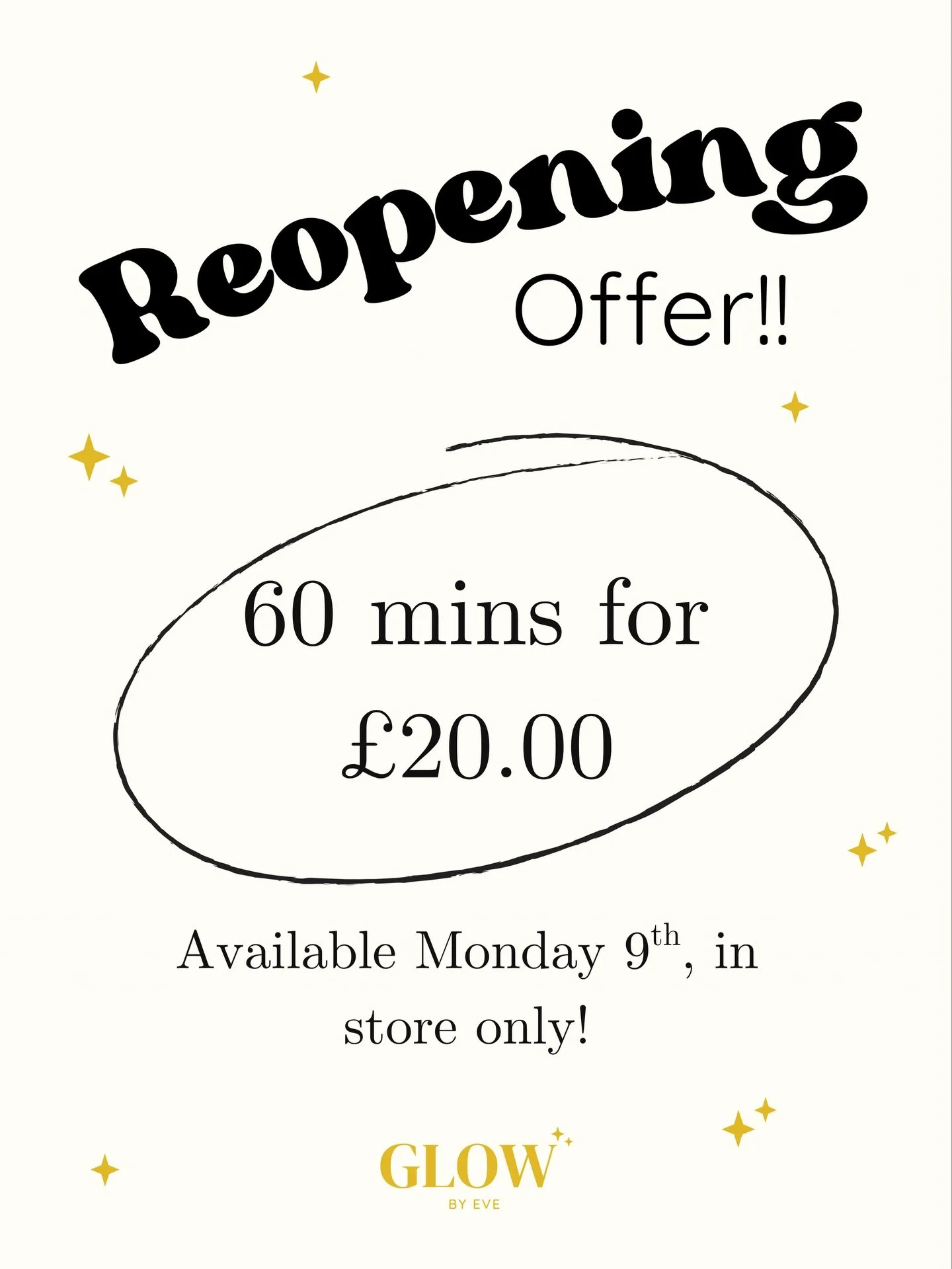 Reopening Offer!✨

Get 60 mins for &pound;20.00! 
Only available to purchase in-store, tomorrow only! 

See you all there! ✨