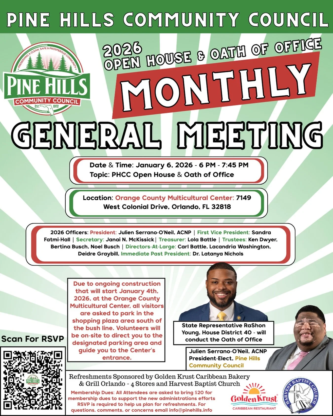 ✨ A Historic Moment for Pine Hills ✨

Join us on Tuesday, January 6, 2026 as the Pine Hills Community Council, Inc. hosts its 2026 Open House &amp; Oath of Office Installation Ceremony during our Monthly General Meeting from 6:00&ndash;7:45 PM at the