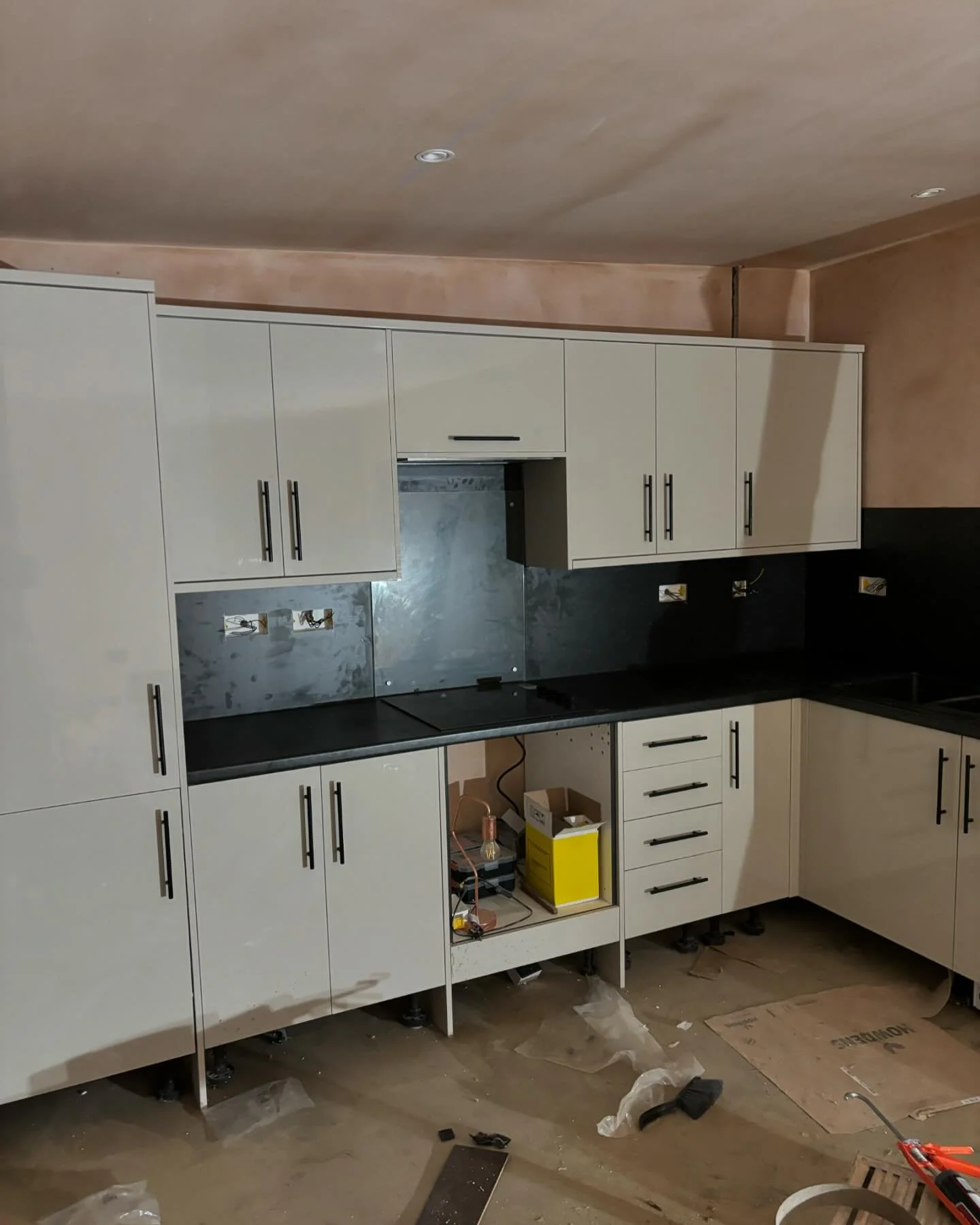 New kitchen in this renovated granny flat. Plinths and oven to be fitted after the floor goes down