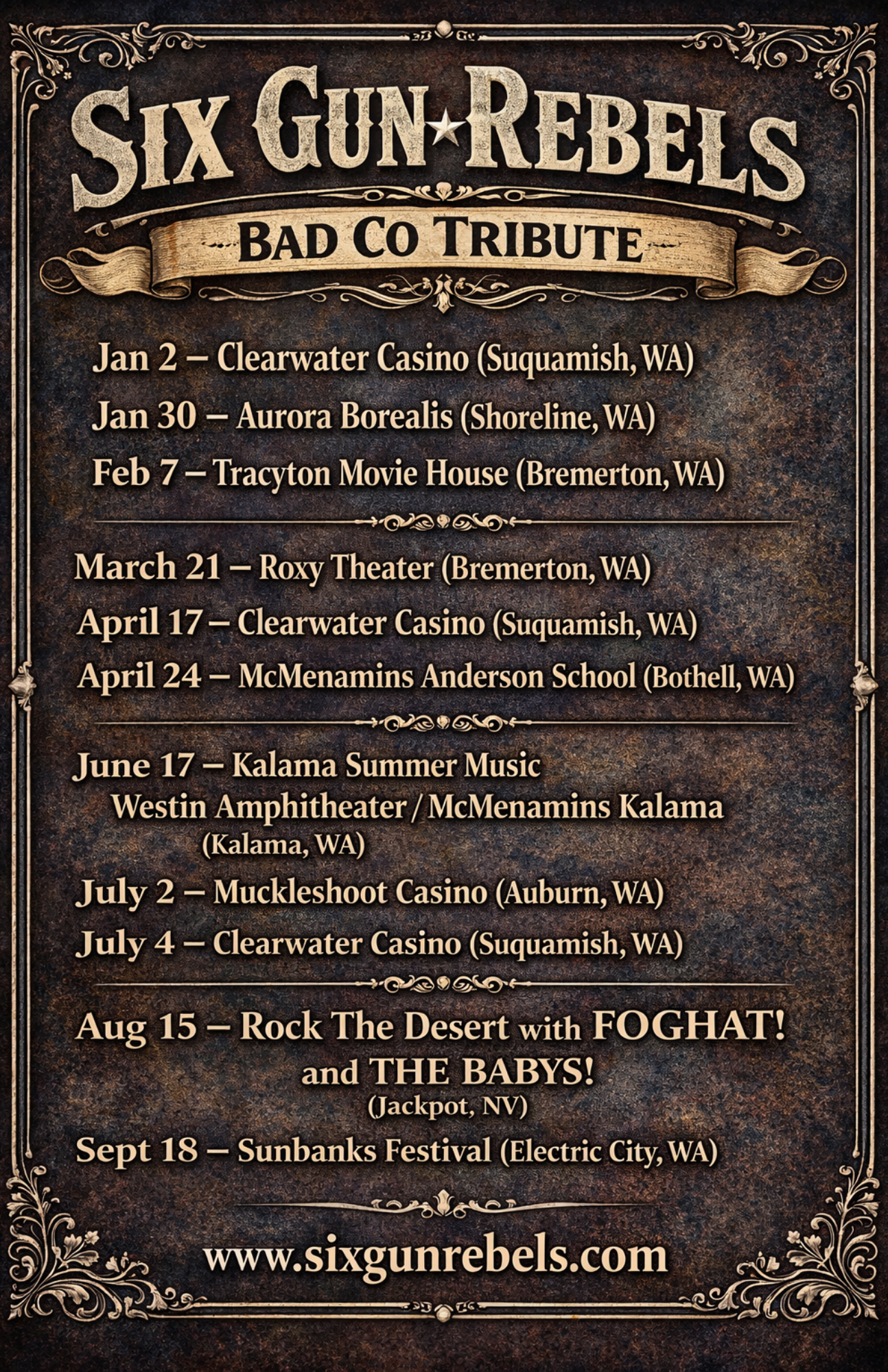 Event listing for Six Gun Rebels Bad Co Tribute concert dates and locations, with a decorative western-themed border and background.