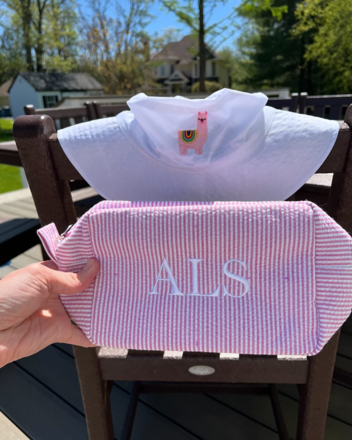 Monogrammed Dopp/toiletry bag, seersucker material and children&rsquo;s bucket style sun hat with a llama embroidered! 🦙❤️