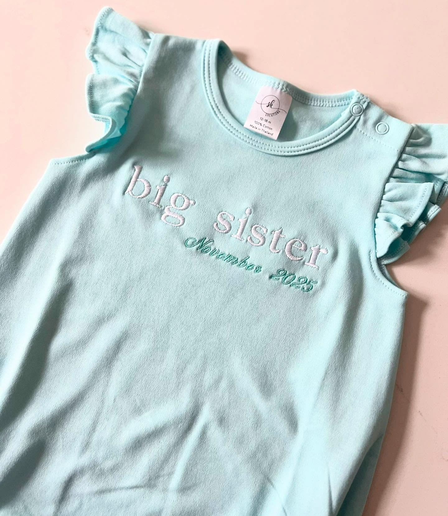 Cute and creative way to announce a new little one in your family 💕🥰 head to our website and request your custom garment today with the &ldquo;dream big&rdquo; option! #babysister #babybrother #babyannouncement #bigsister