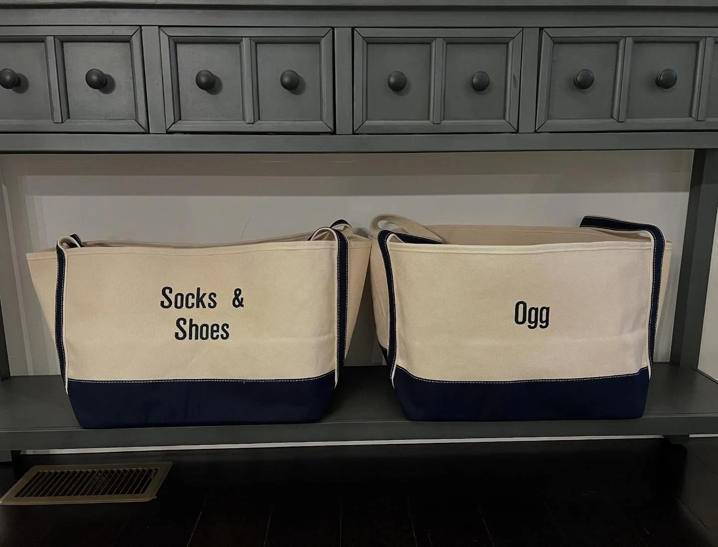 Canvas storage totes- personalized embroidered labels by Lei &amp; Gray. 🧵🪡