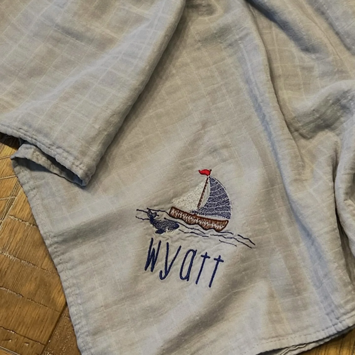 Let Lei & Gray make your gift extra special. Personalization from packaging to product. This baby blanket is sure to be special for baby Wyatt.