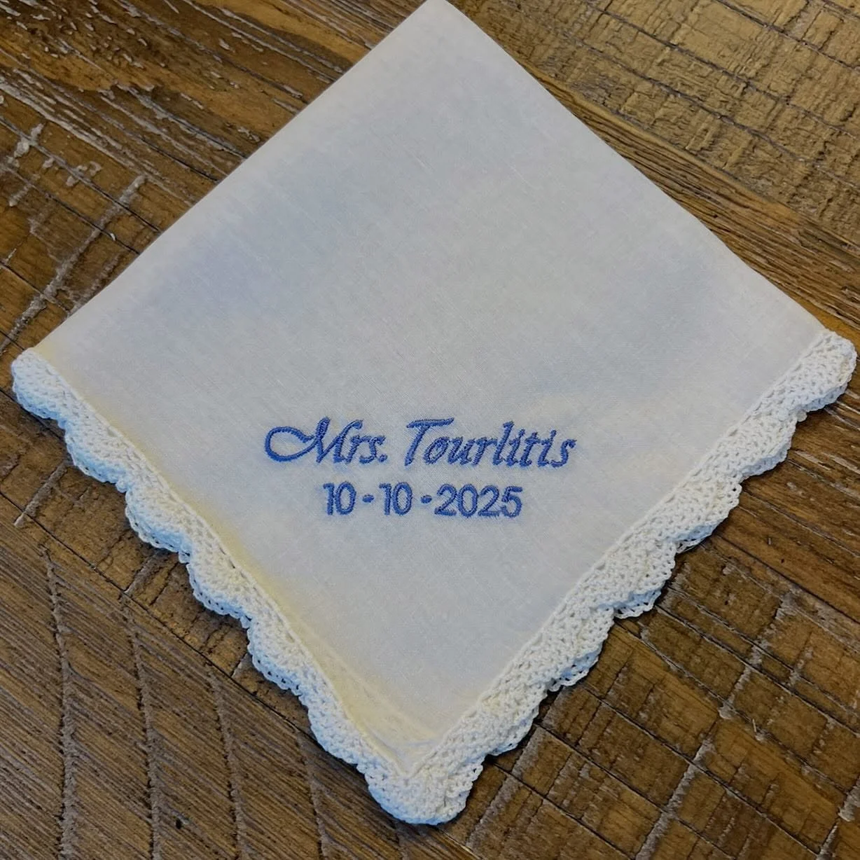 This handkerchief carries a story. It once belonged to the grandmother of the man the bride is marrying. Her future sister in law asked me to embroider this handkerchief with the new last name she will be taking as a beautiful and thoughtful way to w