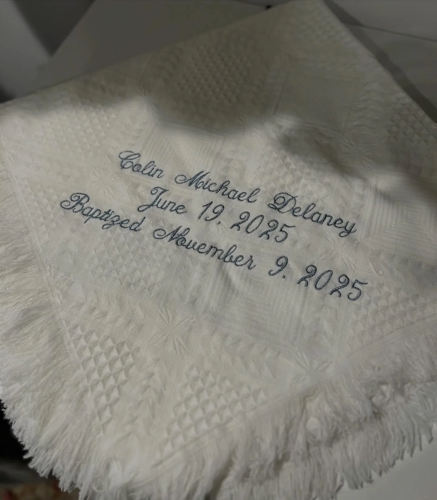 Beautiful baptism blanket done with a subtle sparkly blue thread for the embroidery. ✨🧵🤍