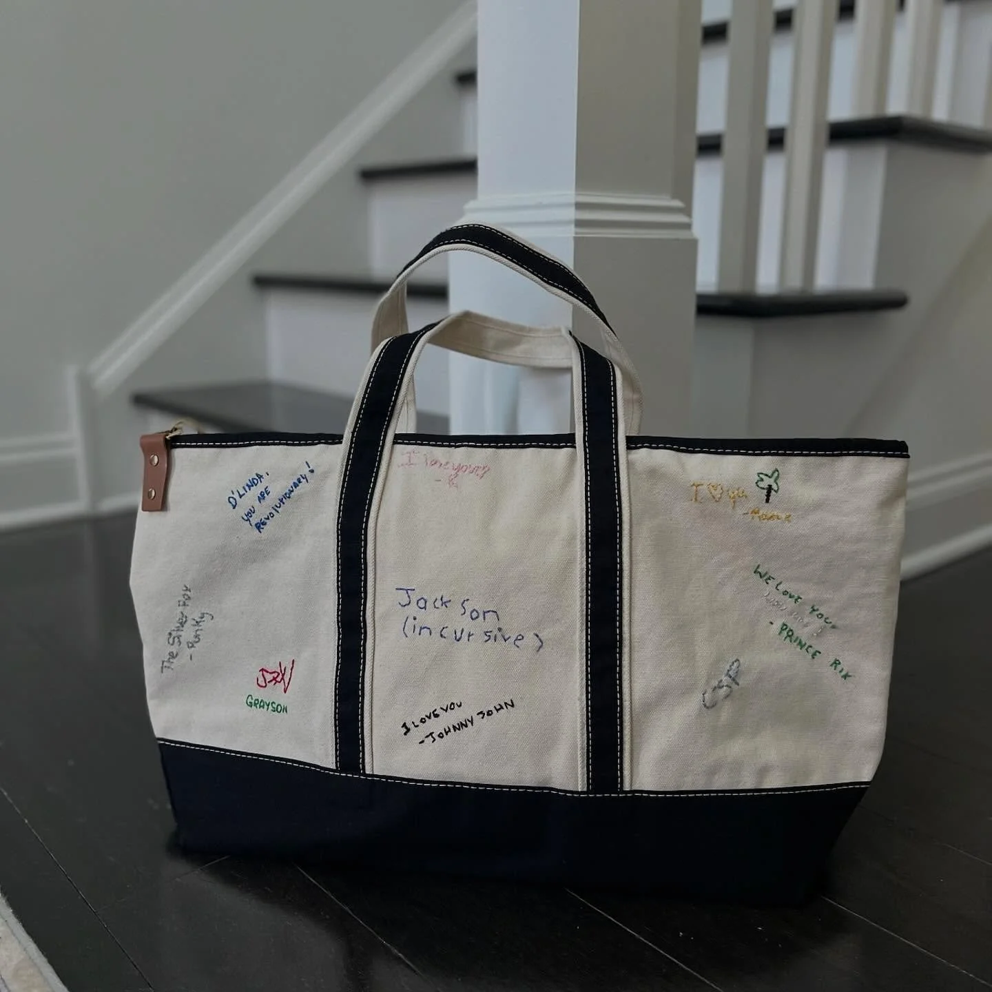 Lulu&rsquo;s &ldquo;come fly with me&rdquo; weekender bag.

Perfect keepsake gift for the parent or grandparent who has everything. 

This particular bag was signed with water soluble ink, and then embroidered over it with their choice of thread. Thi