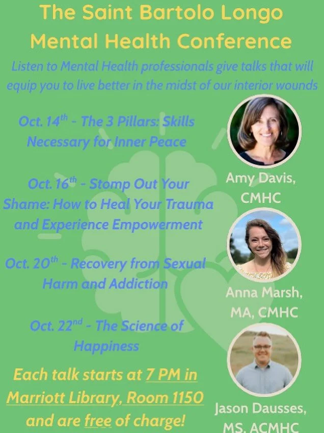 During the weeks of October 13th and the 20th, the St. Catherine of Siena Newman Center is hosting mental&nbsp;health professionals from our diocese to give several talks on how to live life better in the midst of mental and emotional wounds. These t