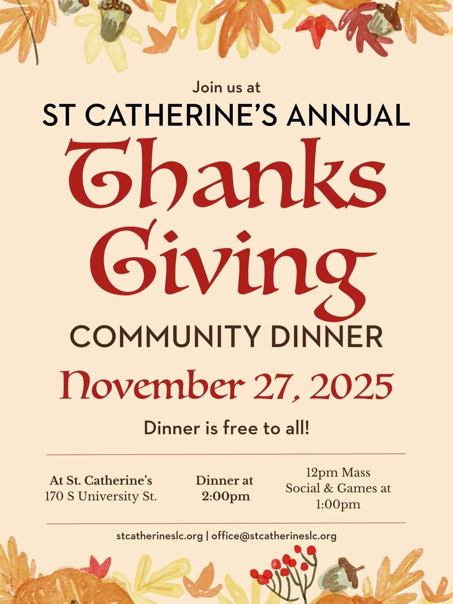 Not going home for Thanksgiving? Join us at our annual Thanksgiving Dinner for a WARM, FILLING, and FREE DINNER following MASS and GAMES! 🍁🦃

If you&rsquo;d like to contribute to our Thanksgiving Dinner, click the link in our bio! 🍂🙏

#catholicut