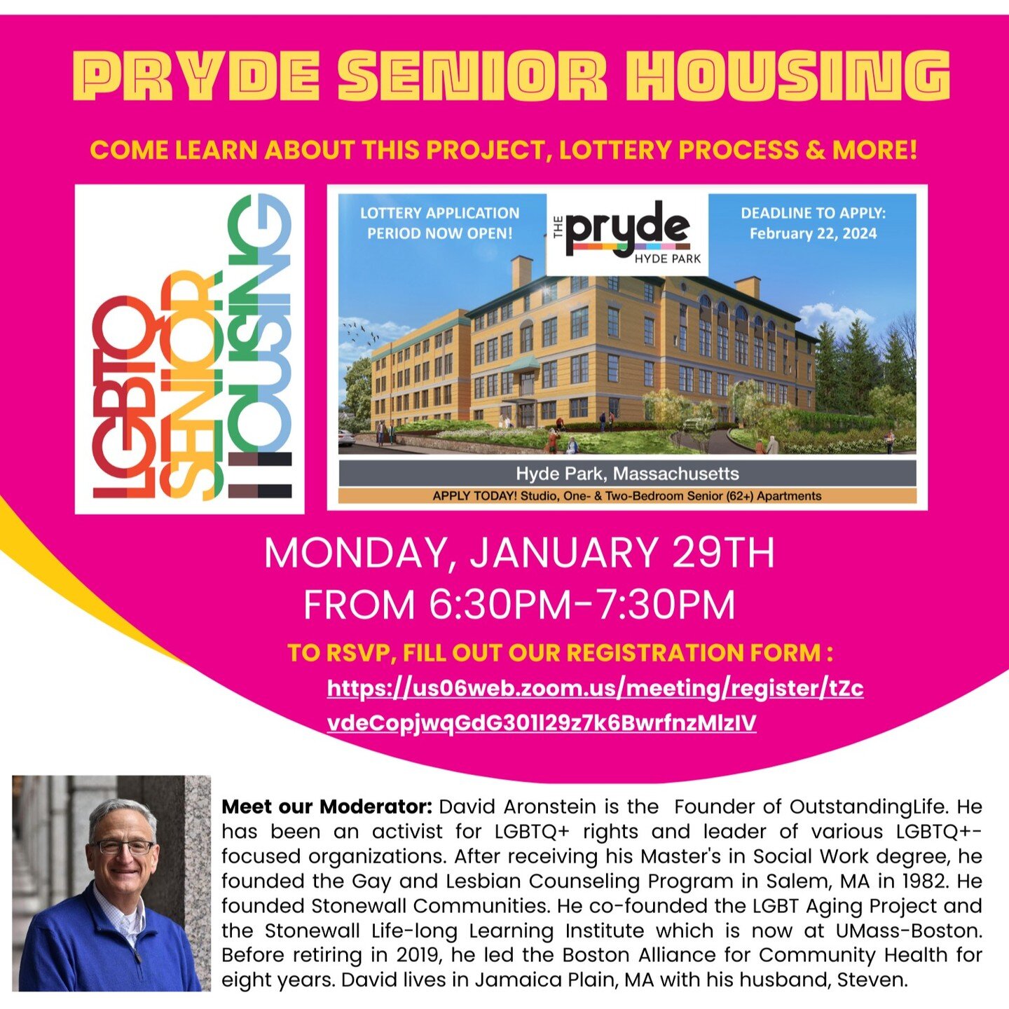 This coming Monday, January 29th, at 6:30PM, we are partnering with our good friends at OutstandingLife: a Virtual Community for LGBTQ+ Older Adults to offer a virtual program about The Pryde and The Pryde's housing lottery. Bring your questions and 
