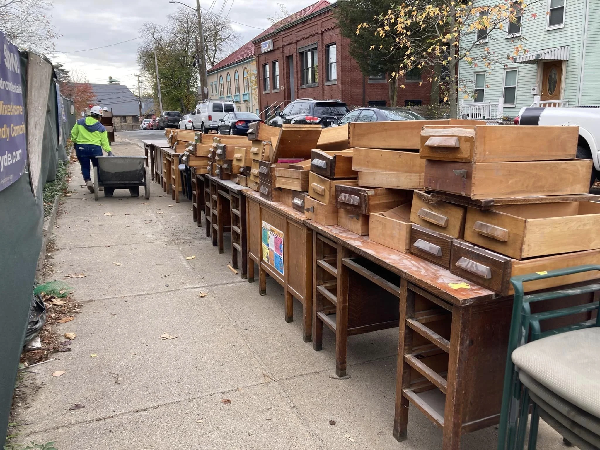 Desks and chairs for neighbors to pick up