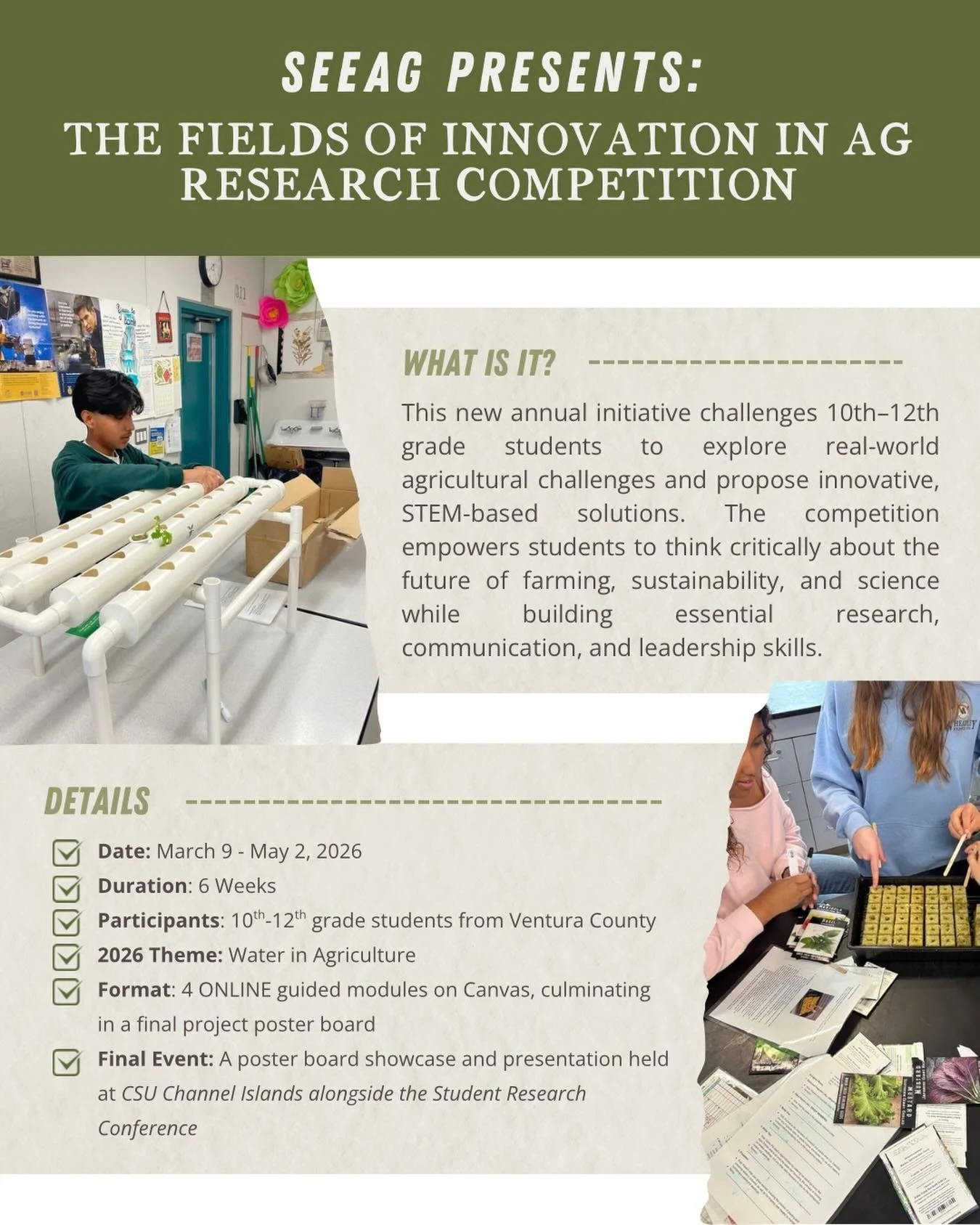 LAST WEEK TO REGISTER! 🚨

Don&rsquo;t miss your chance to join our Fields of Innovation in Agriculture Research Competition 🌱💧 Registration closes Friday, February 27 at midnight &mdash; sign up through the link in our bio!

This six-week, fully o