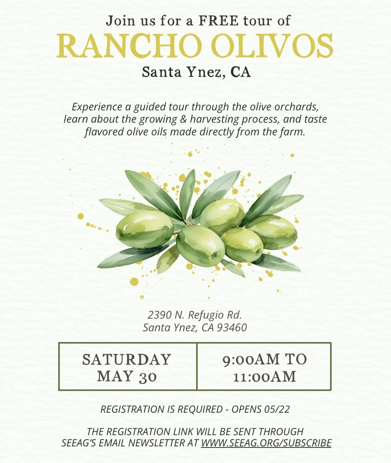 Don&rsquo;t miss out! Register for SEEAG&rsquo;s newsletter by TONIGHT at midnight to receive the registration link for our upcoming Rancho Olivos Farm Day Every Day Tour! 🌿🫒

Join us on Saturday, May 30 | 9:00 AM &ndash; 11:00 AM for a special exp
