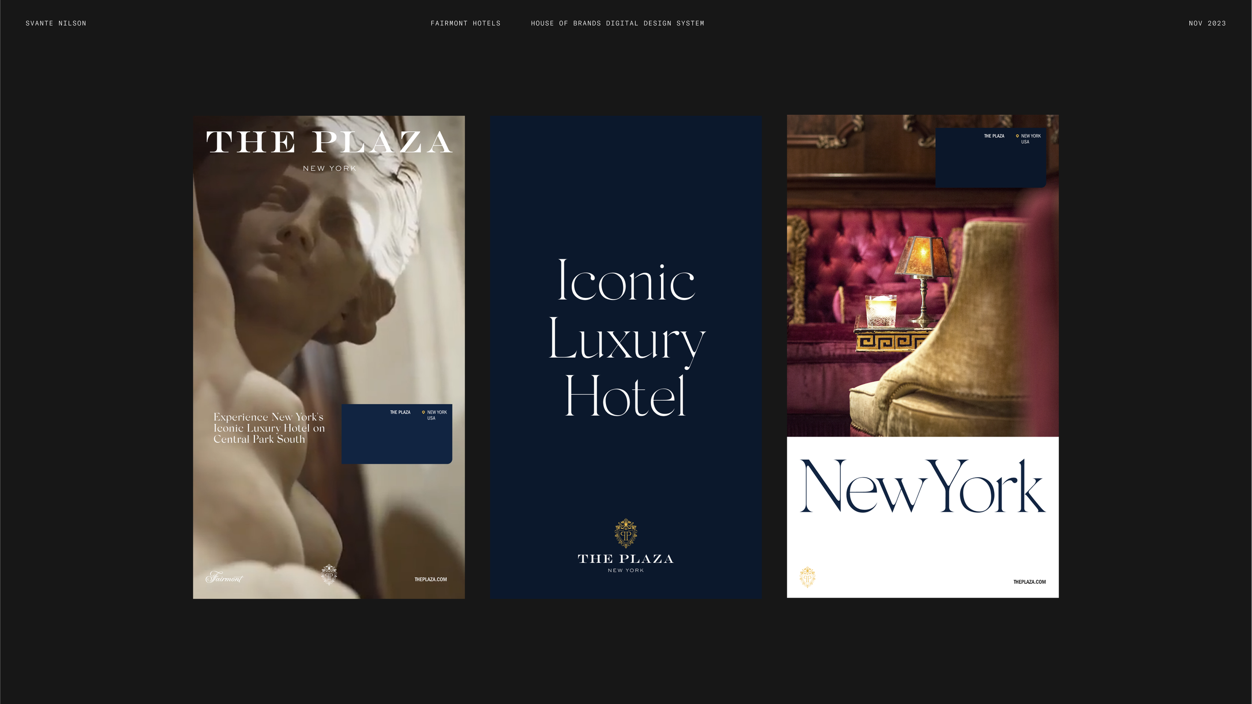 Three promotional posters for The Plaza hotel in New York, featuring classical architectural and interior design elements, with dark backgrounds and elegant fonts.