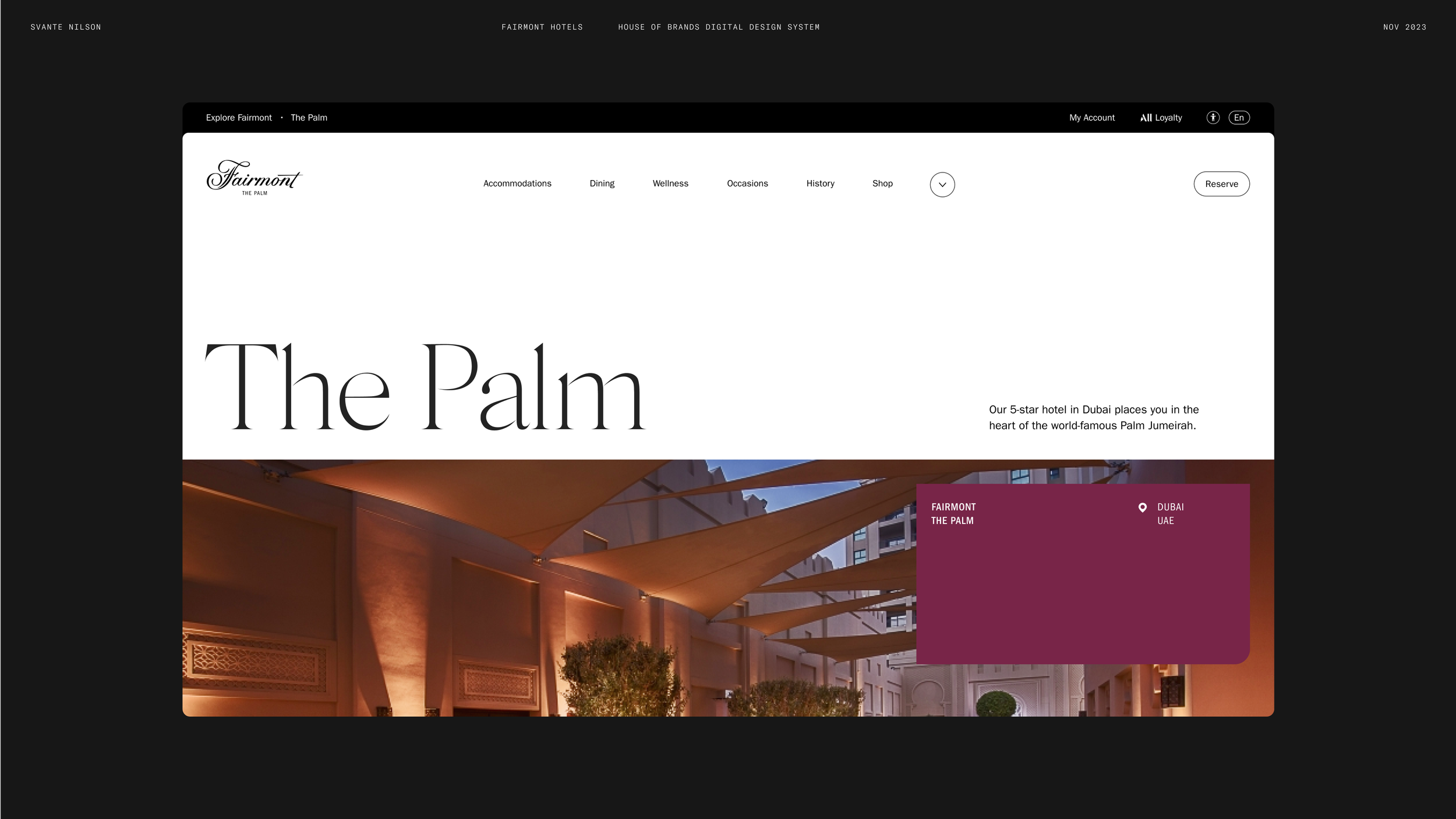 Web page of Fairmont The Palm hotel in Dubai with a large header image of the hotel exterior at sunset, showcasing architectural details and sun shades. The top menu includes options for accommodations, dining, wellness, occasions, history, shop, and