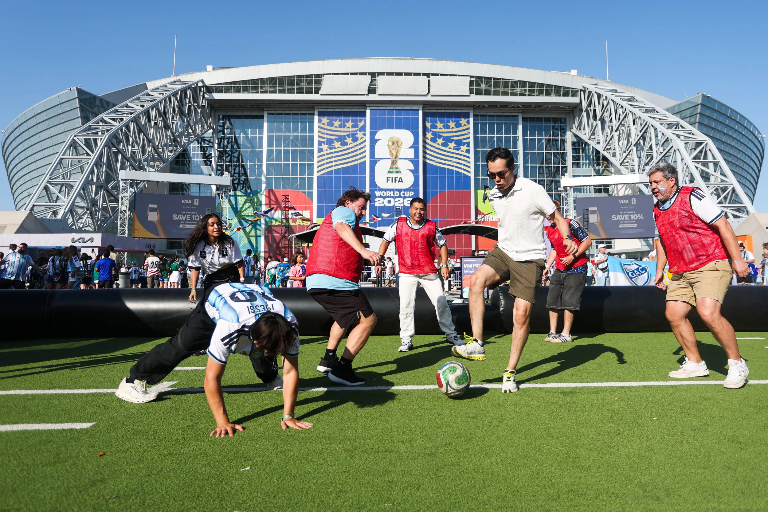 Argentina fans play a small game of soccer before a 2026 FIFA World Cup Group J match between Argentina and Jordan at Dallas Stadium in Arlington, Texas on Saturday, June 27, 2026. (Daniel McGregor-Huyer/Zuma Press Wire)