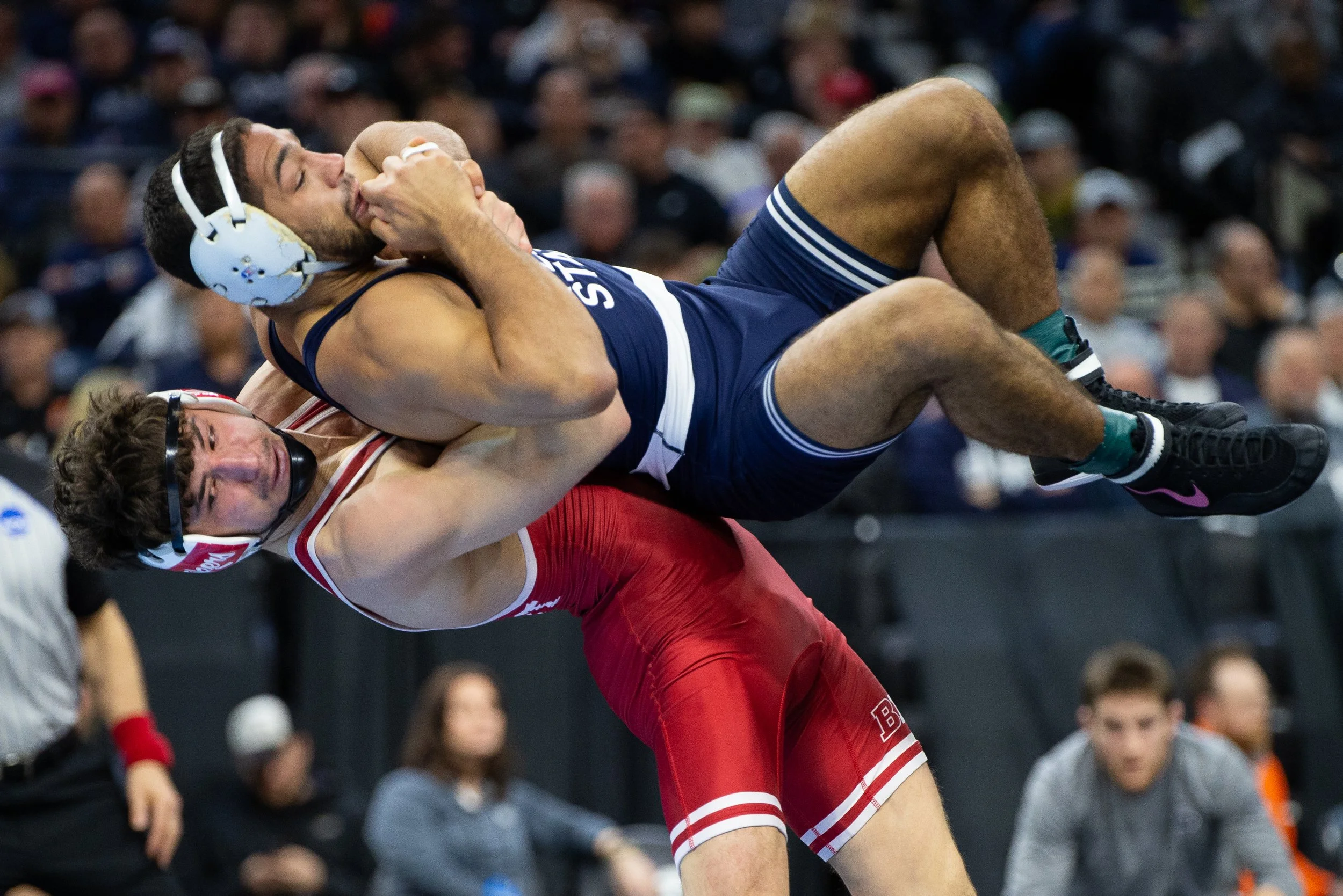 Nebraska’s Ridge Lovett picks up Penn State's Shayne Van Ness in a 149-pound semifinal match during session four of the 2025 NCAA Division I wrestling championships at Wells Fargo Center on Friday, March 21, 2025 in Philadelphia, Pennsylvania. (Danie