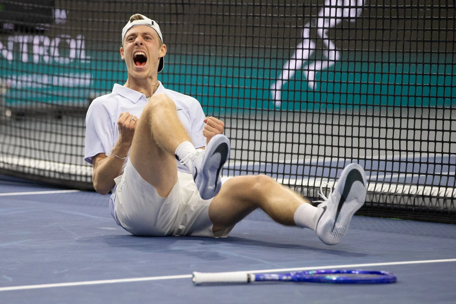 Denia Shapovalov (CAN) reacts after winning the singles final match against Casper Ruu (NOR) during day eight of the 2025 ATP 500 Dallas Open at the Star in Frisco, TX. Denis Shapovalov (CAN) defeated Casper Ruud (NOR), 7:6, 6:3.