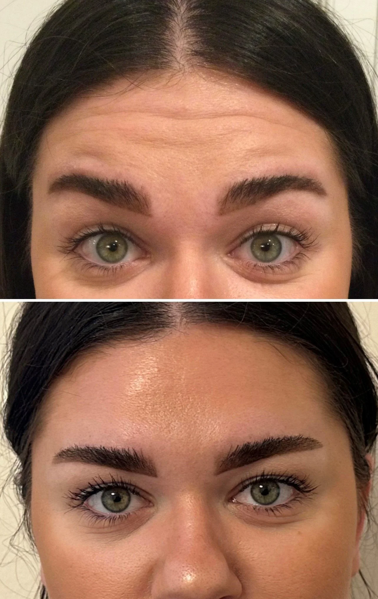 Comparison of a woman's face before and after makeup, showing enhanced eyebrows, eyelash mascara, and smoother skin in the after photo.