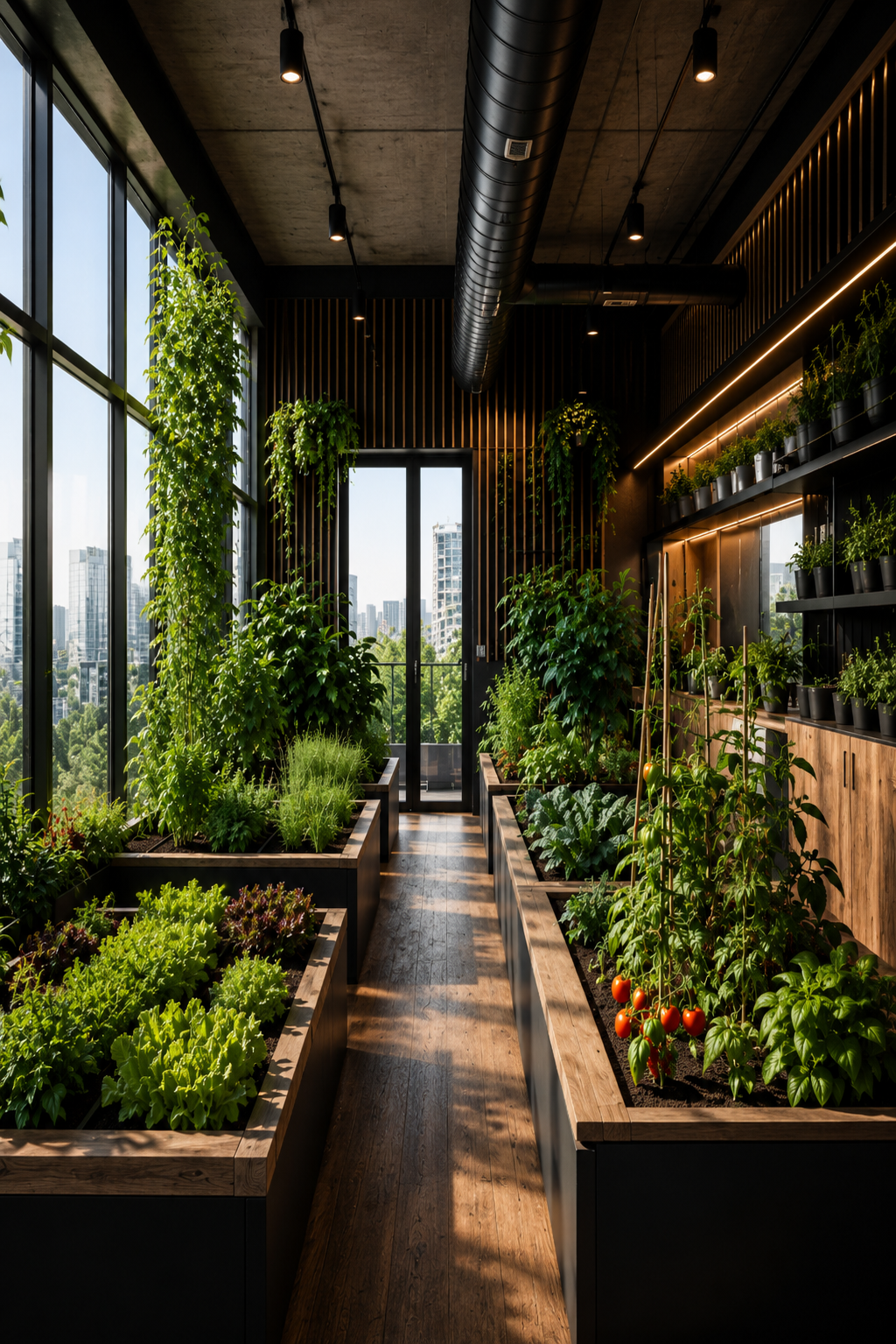 Modern office indoor garden with raised vegetable beds, fresh herbs, leafy greens, and edible plants integrated into a contemporary biophilic workplace designed to promote employee wellbeing, sustainability, and healthy living.