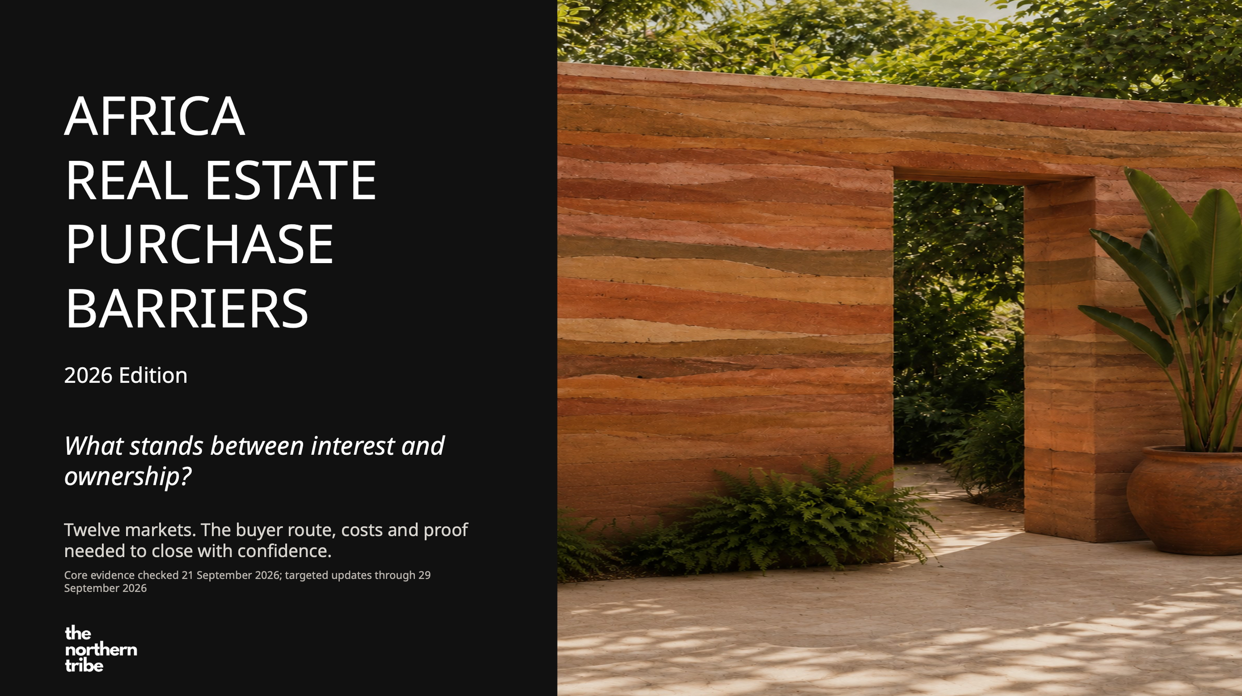 Book cover titled 'Africa Real Estate Purchase Barriers 2026 Edition' with a partial view of a modern wooden structure and greenery in the background.