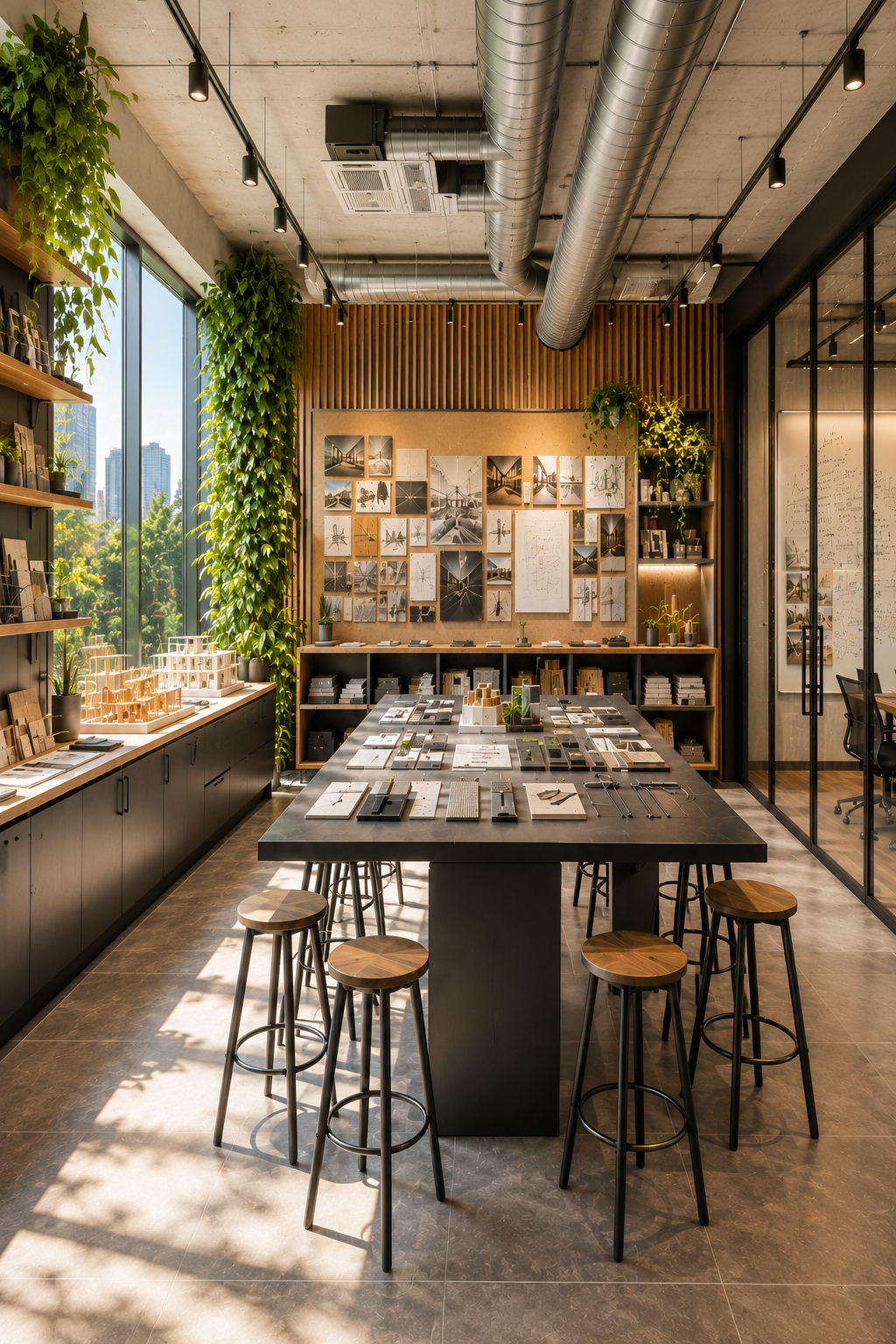 Modern office innovation studio with collaborative design workspace, material library, architectural models, inspiration boards, writable glass walls, and biophilic workplace design supporting creativity, collaboration, and product development.