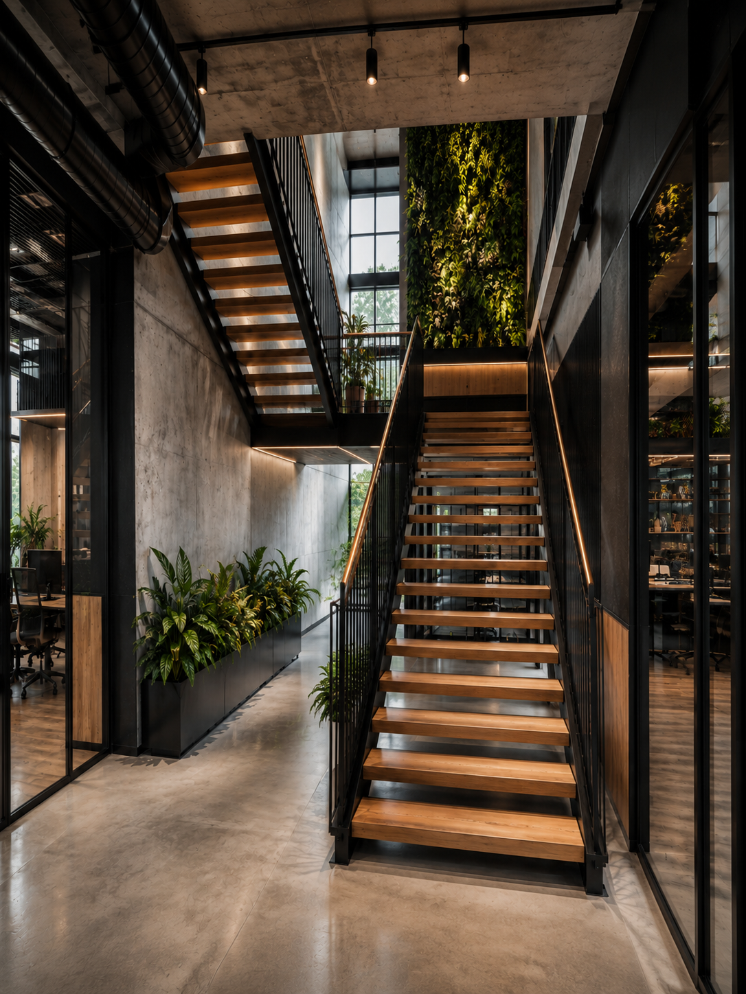 Modern office staircase with wood steps, black steel railings, concrete walls, glass partitions, and a living plant wall.