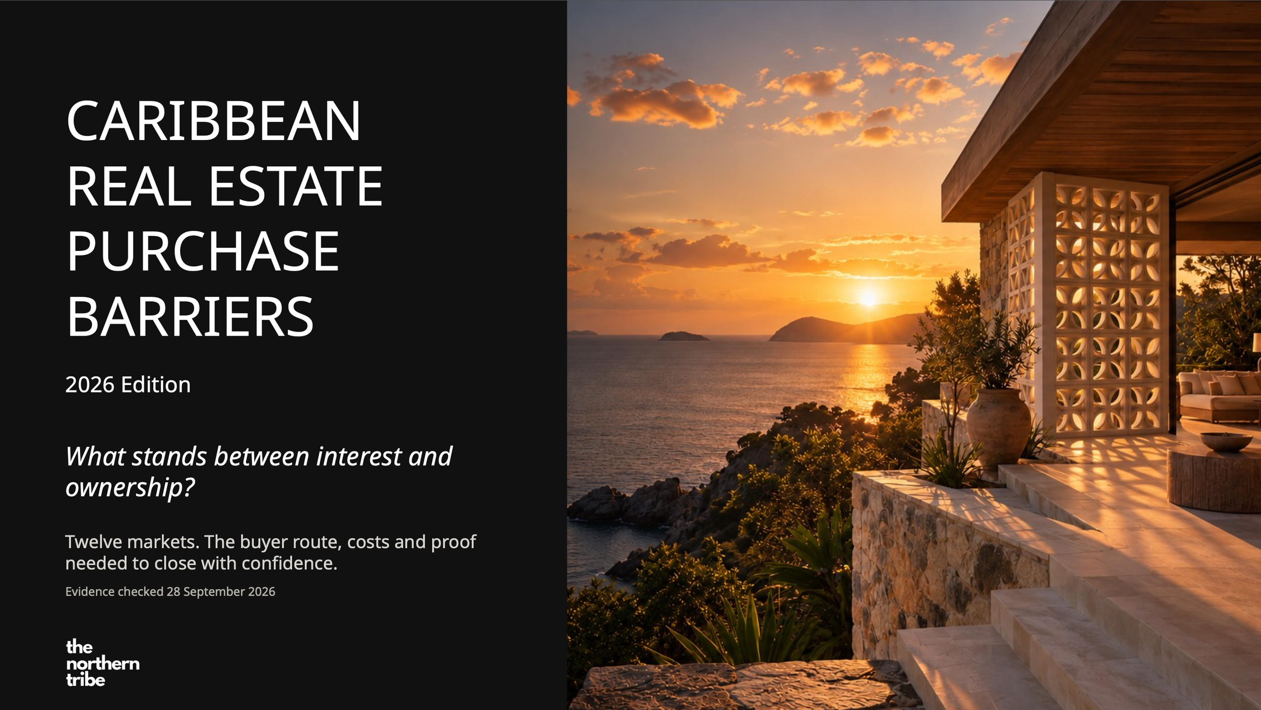 Cover page of a publication titled 'Caribbean Real Estate Purchase Barriers, 2026 Edition' with a sunset view of the Caribbean sea, islands, and a modern house terrace with white decorative wall, plants, and outdoor seating.