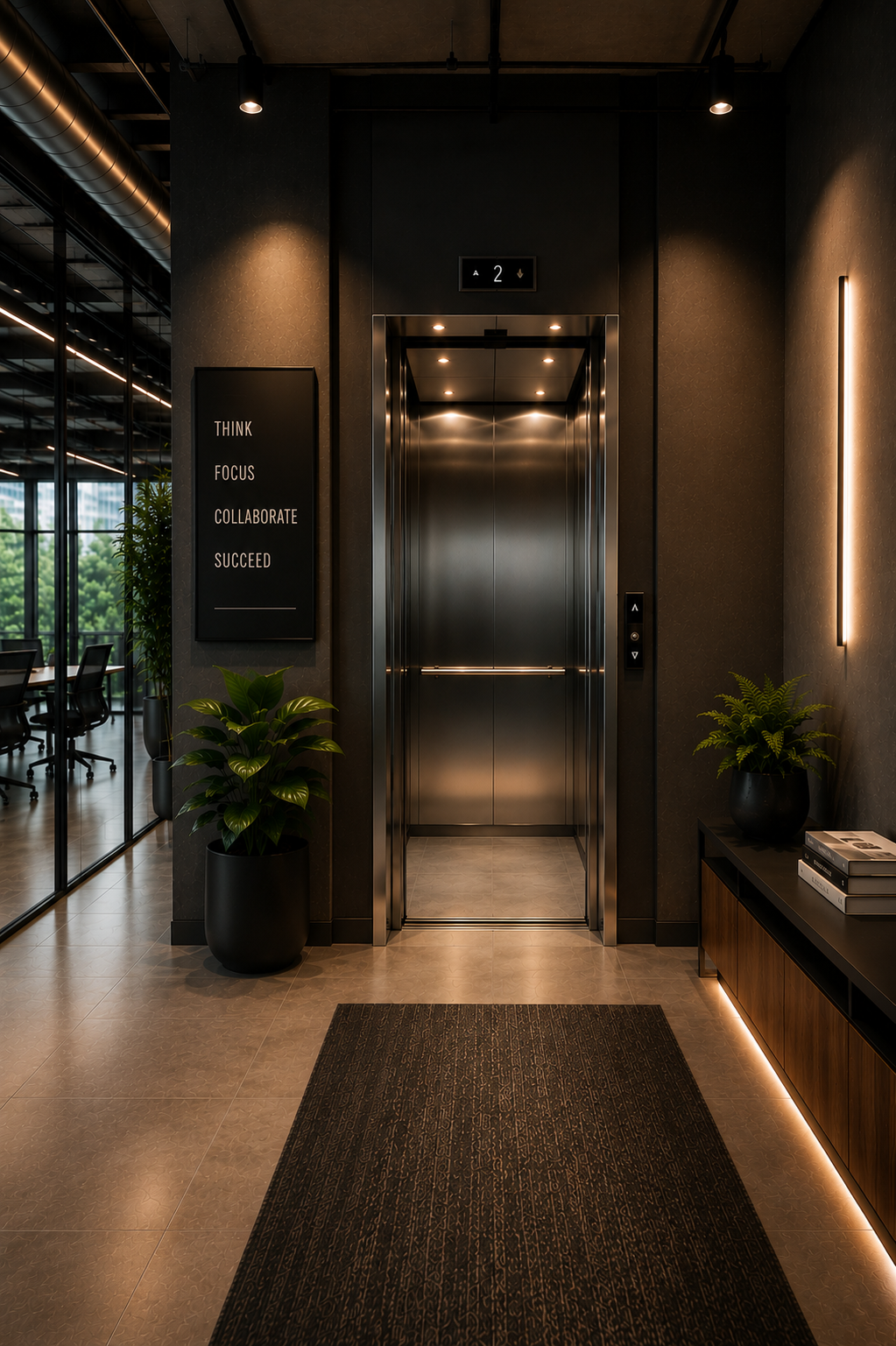 Modern corporate elevator lobby with contemporary lighting, premium finishes, natural greenery, and sophisticated office interior architecture.