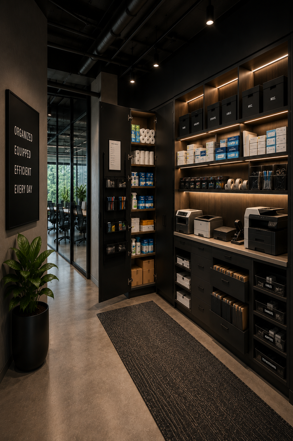 Organized office supply room with custom storage cabinetry, printers, technology accessories, office equipment, and efficient workplace organization systems.
