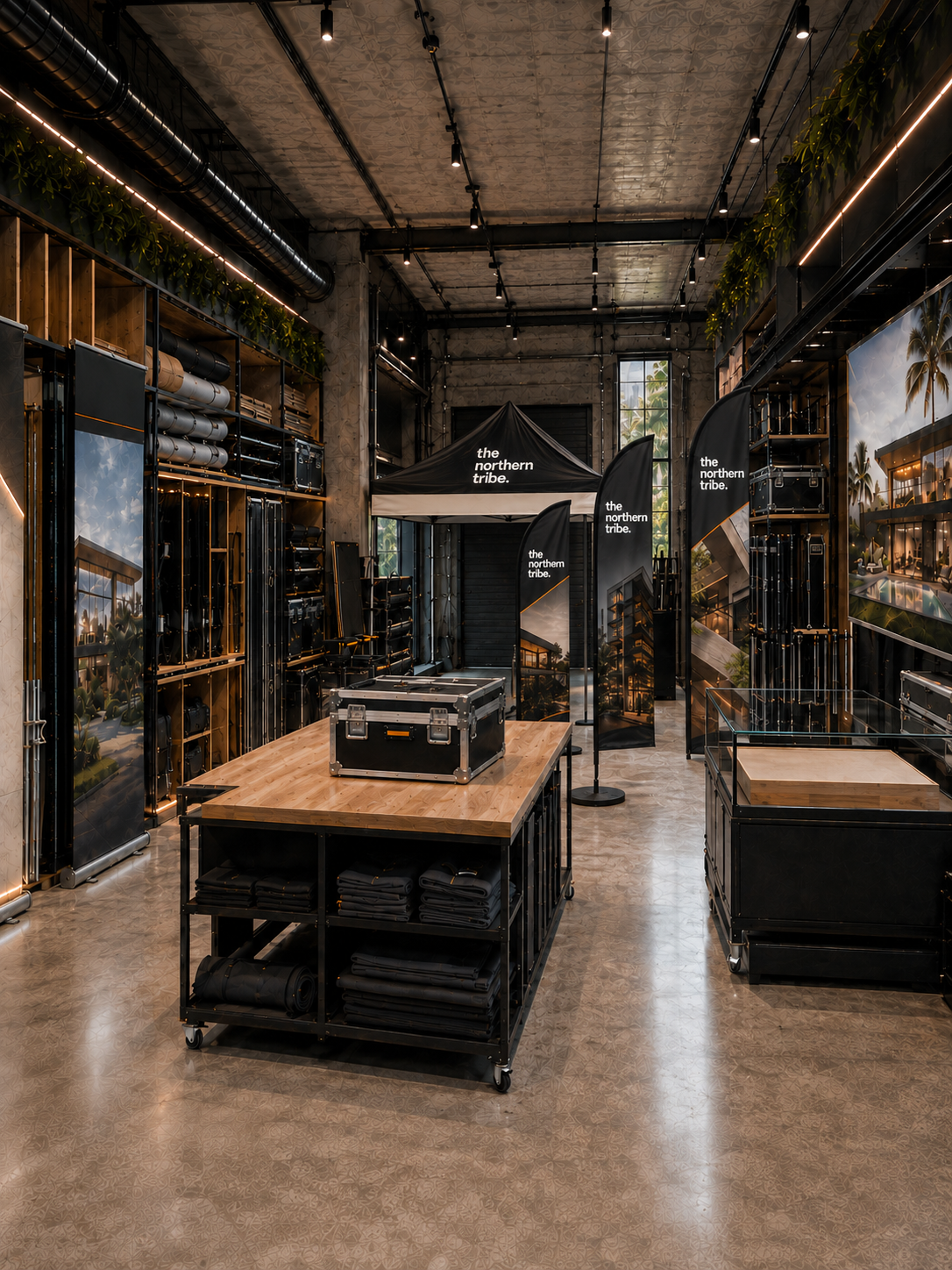 The Northern Tribe event storage room with a branded black tent, sail flags, banners, flight cases, and organized event equipment.
