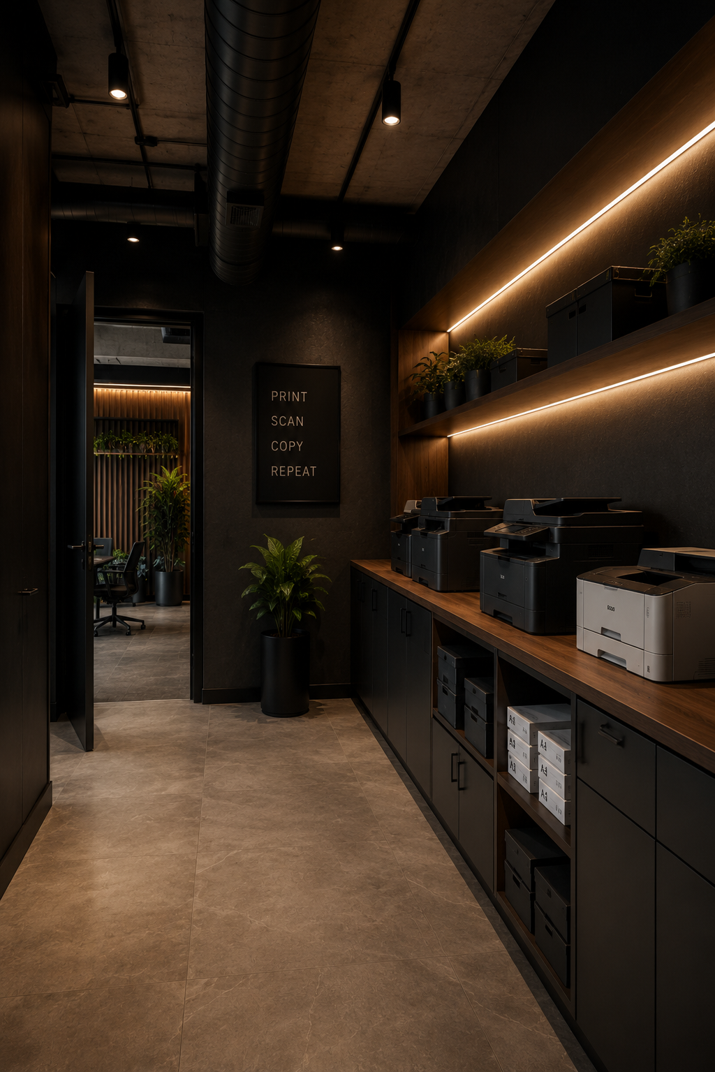 Modern office print room with multifunction printers, organized storage cabinets, premium office equipment, and contemporary workspace design supporting efficient document management and employee productivity.