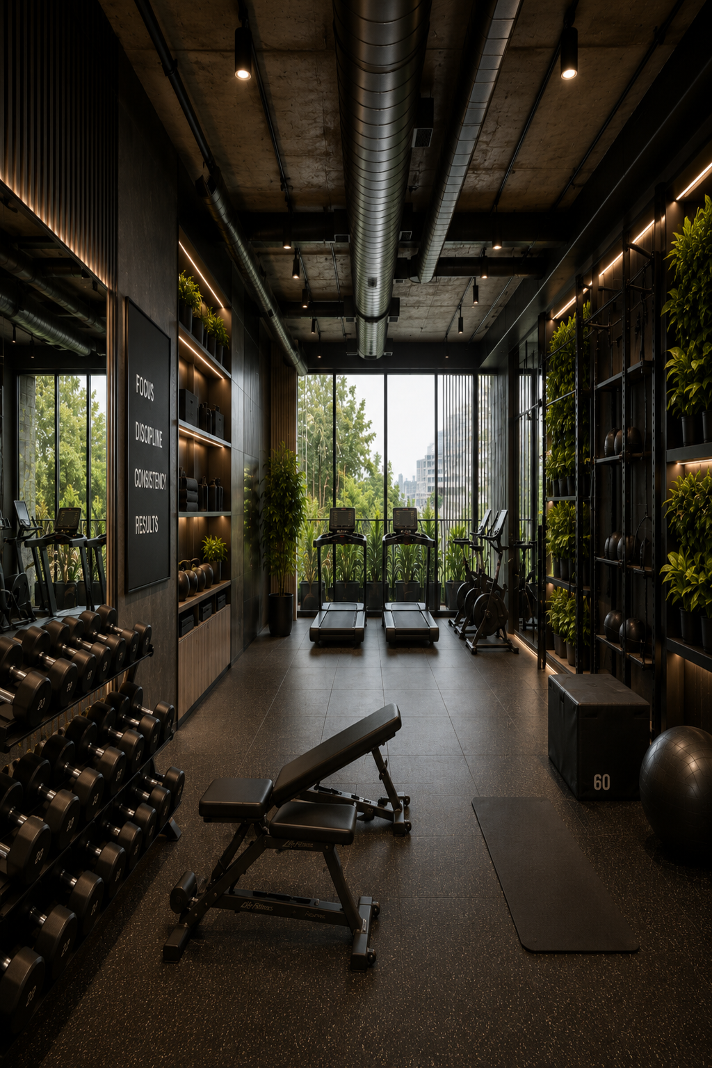 Modern corporate fitness room with professional exercise equipment, wellness-focused workplace design, and premium employee health amenities.