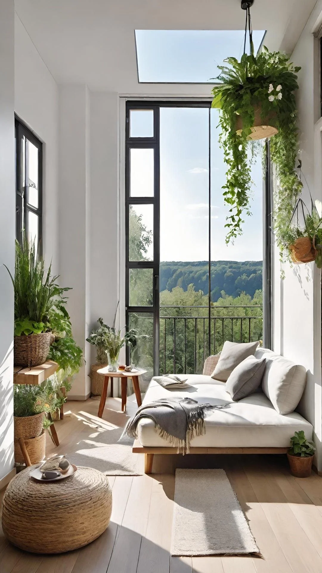 Bright living room with large window and balcony overlooking green trees, decorated with plants, a white sofa with pillows, a small round table with a glass vase of flowers, a woven ottoman with a tray, and hanging and potted plants.