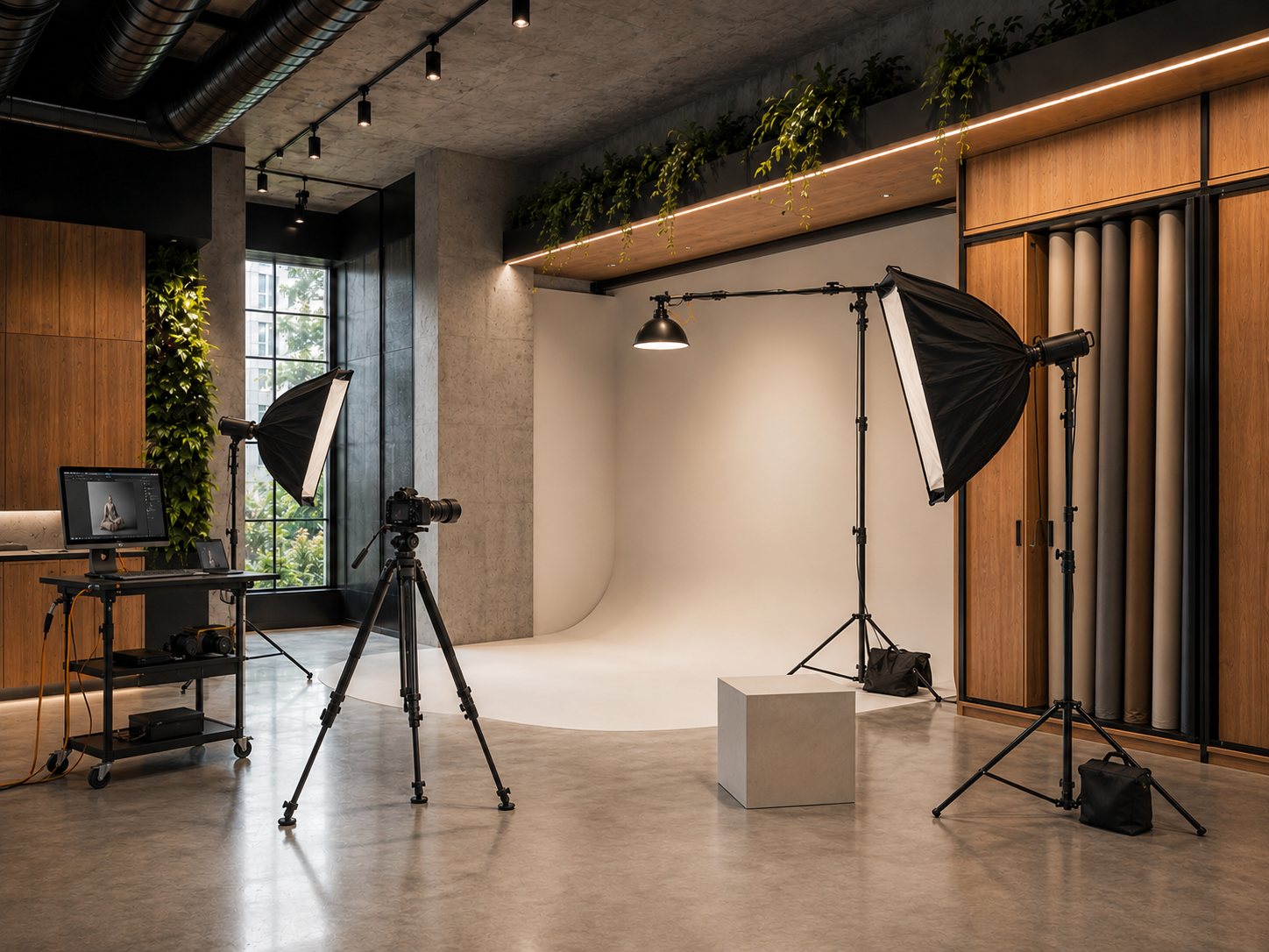 Professional photo studio with a seamless white backdrop, camera tripod, softbox lights, wood cabinetry, and indoor greenery.