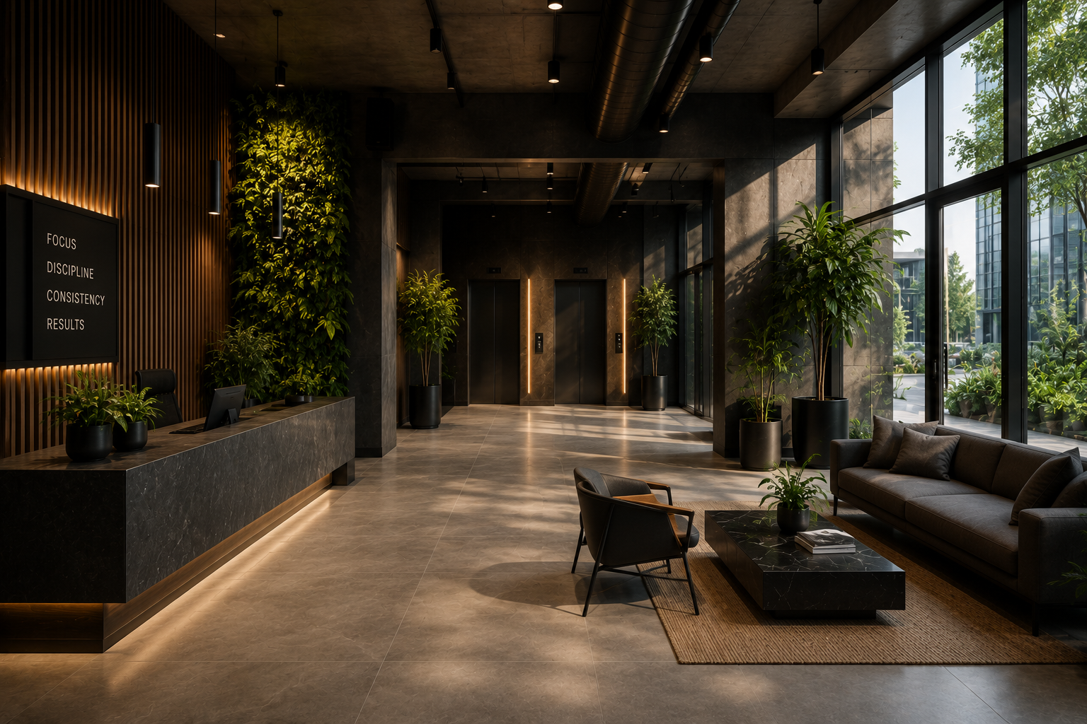 Modern office building lobby with contemporary reception desk, elevator access, premium lounge seating, biophilic design, floor-to-ceiling windows, and sophisticated workplace architecture that creates a welcoming first impression.